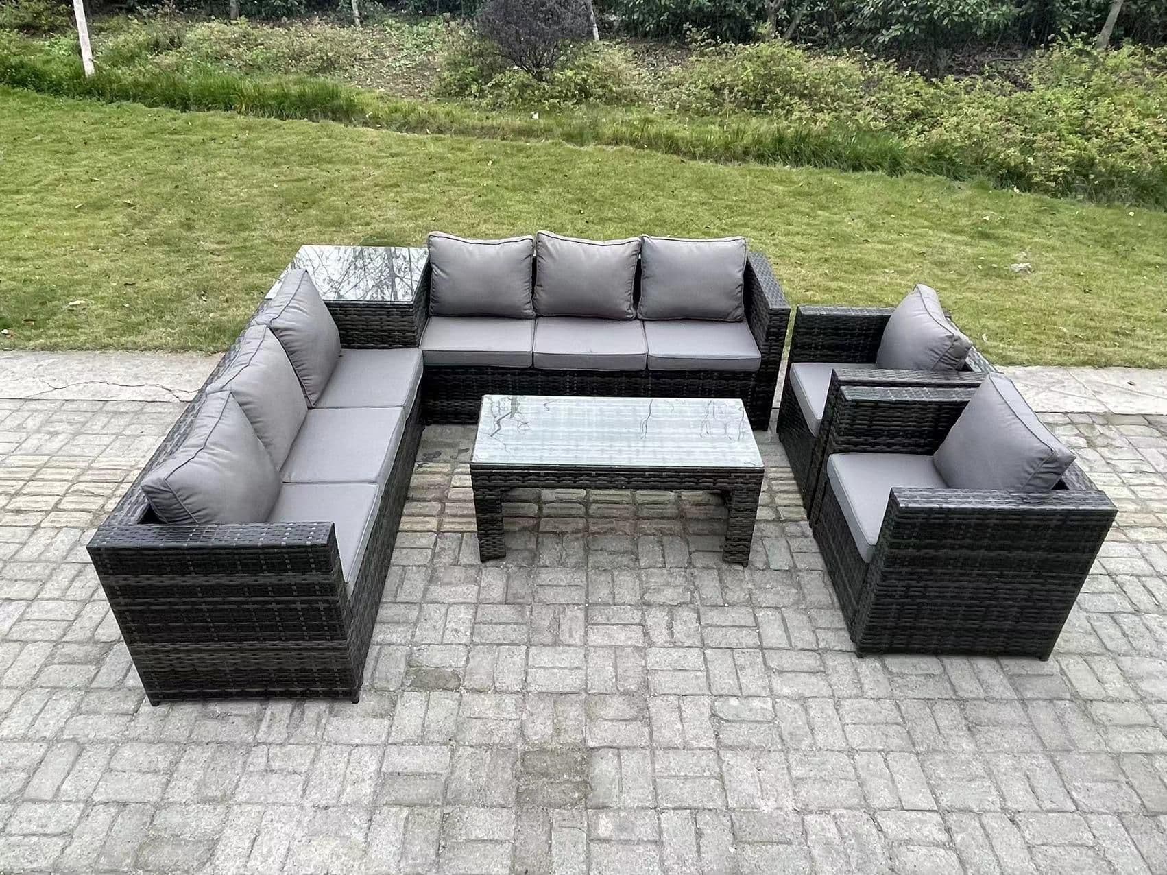 8 Seater Rattan Corner Sofa Set Square Side Table Oblong Rectangular Coffee Tea Table Arm Chair