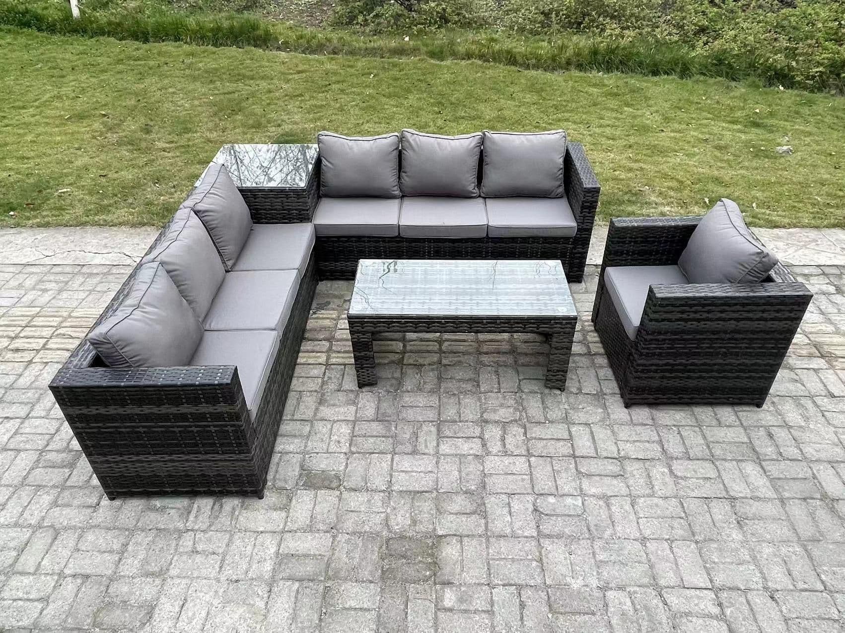 7 Seater Rattan Corner Sofa Set Square Side Table Oblong Rectangular Coffee Tea Table Arm Chair