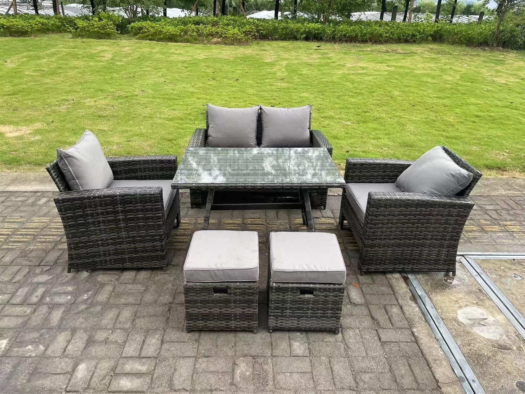 6 Seater Outdoor Dark Grey Mixed High Back Rattan Sofa Dining Table Set Garden Furniture 2 Stools