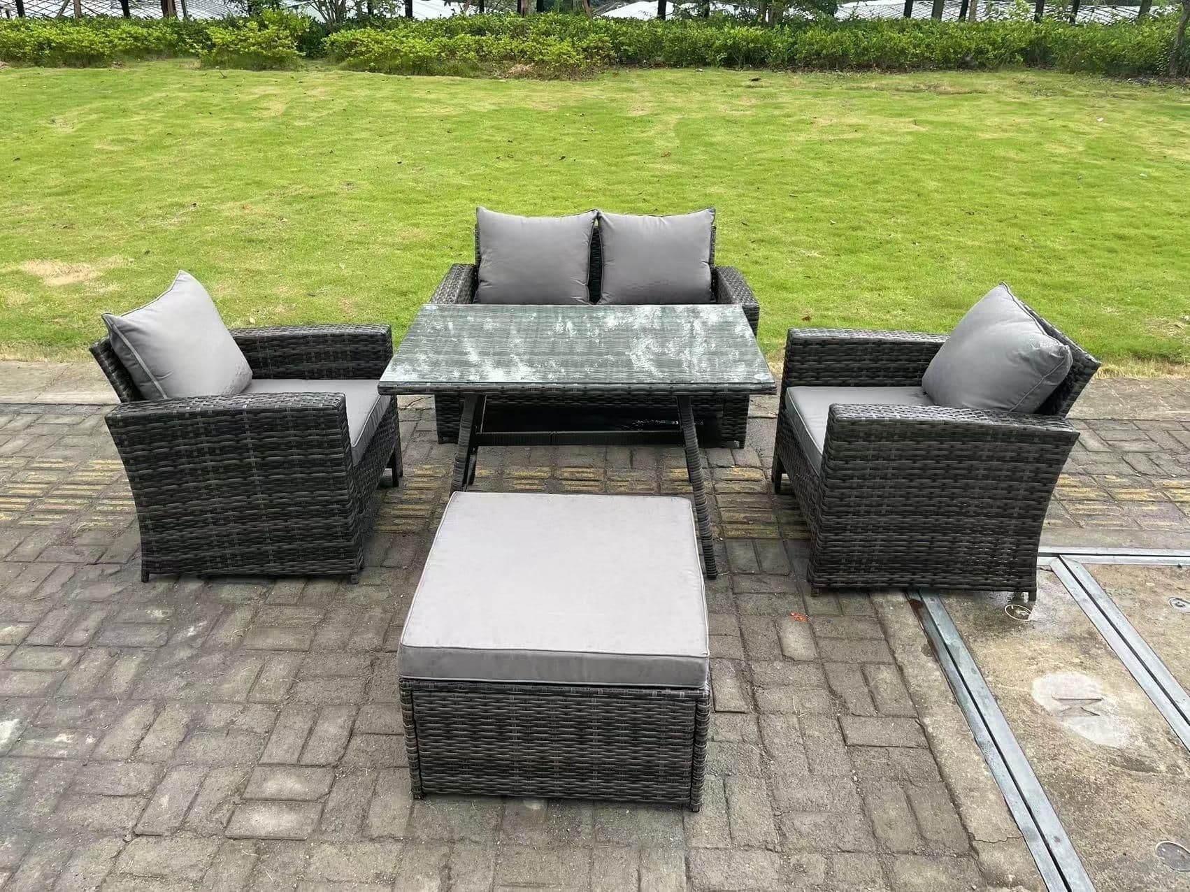 5 Seater Outdoor Dark Grey Mixed High Back Rattan Sofa Dining Table Set Garden Furniture Big Footstool