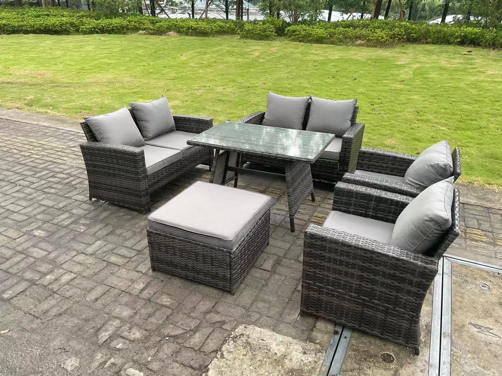 7 Seater Outdoor Dark Grey Mixed High Back Rattan Sofa Dining Table Set Garden Furniture Love Sofa Arm Chair
