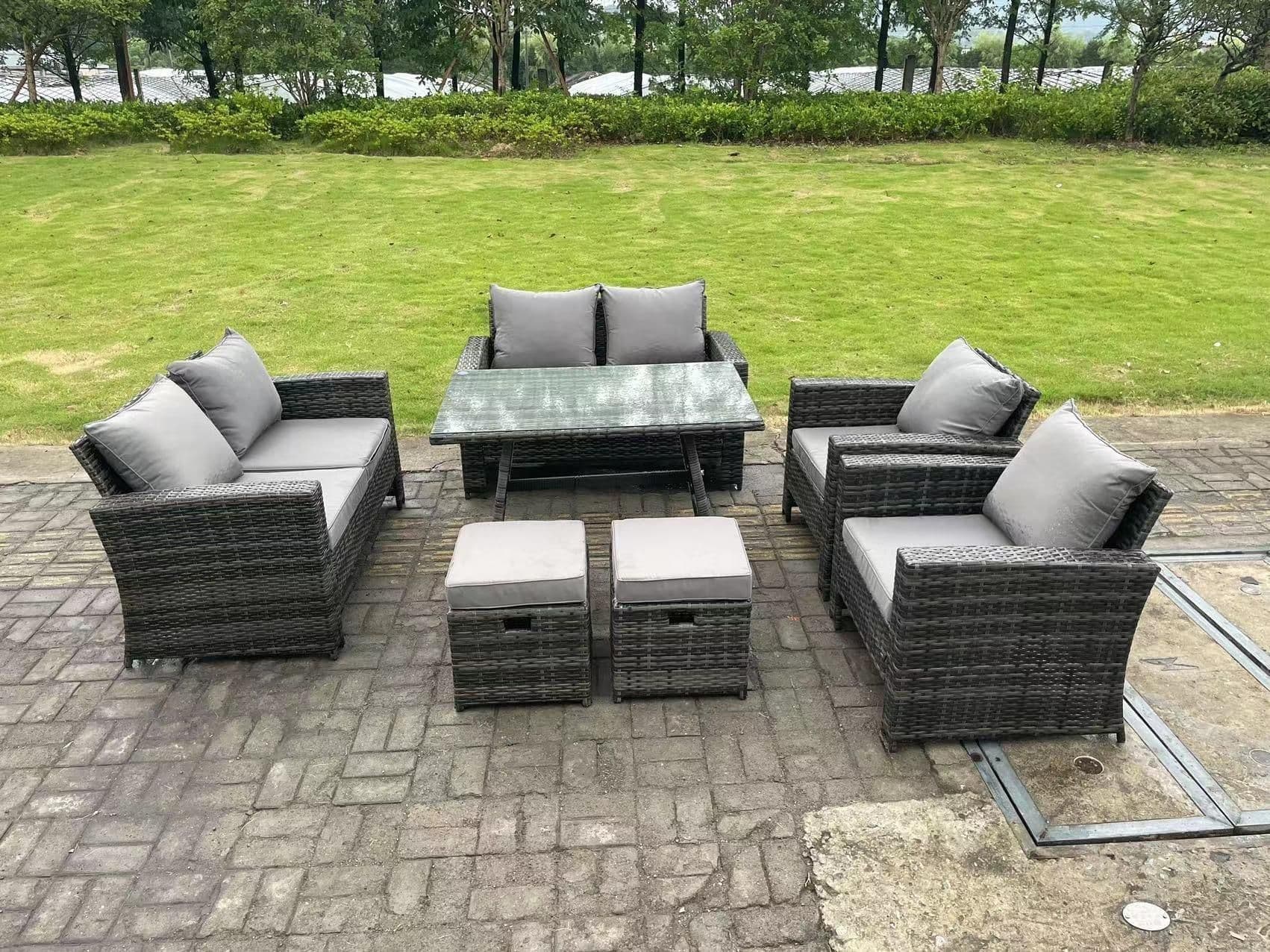8 Seater Outdoor Dark Grey High Back Rattan Sofa Dining Table Set Garden Furniture Love Sofa Chair 2Stools
