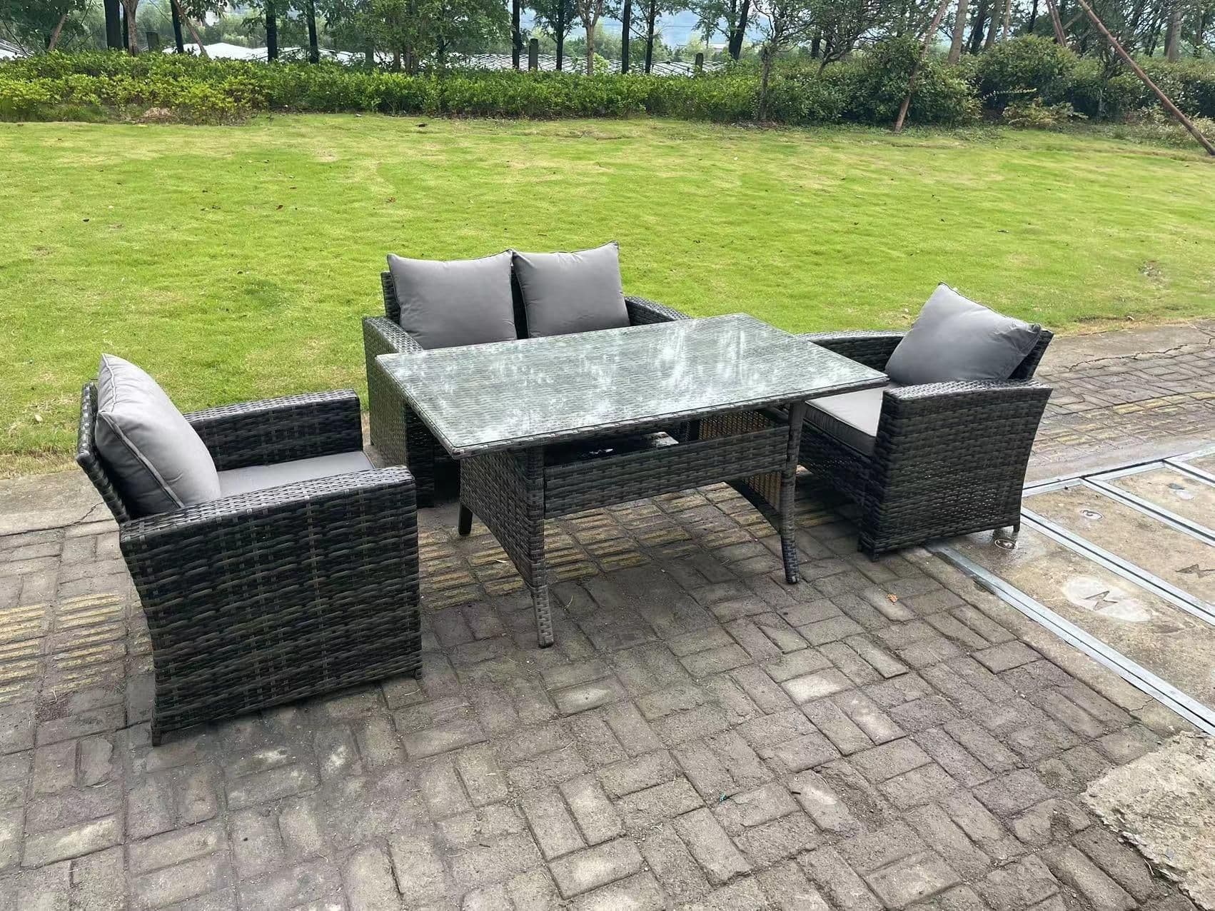 4 Seater Outdoor Dark Grey Mixed High Back Rattan Sofa Dining Table Set Garden Furniture Arm Chairs