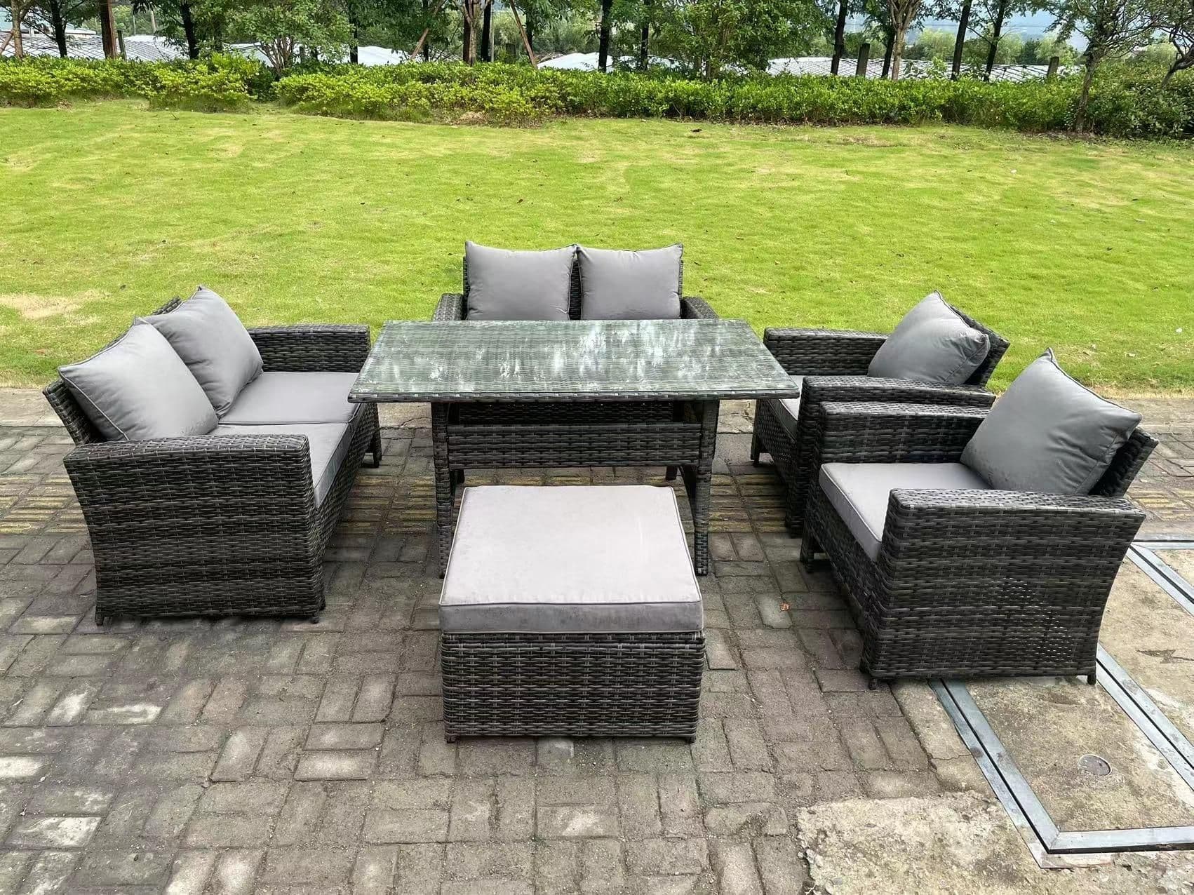 7 Seater High Back Dark Grey Mixed Rattan Sofa Dining Table Set Garden Furniture Love Sofa Arm Chair