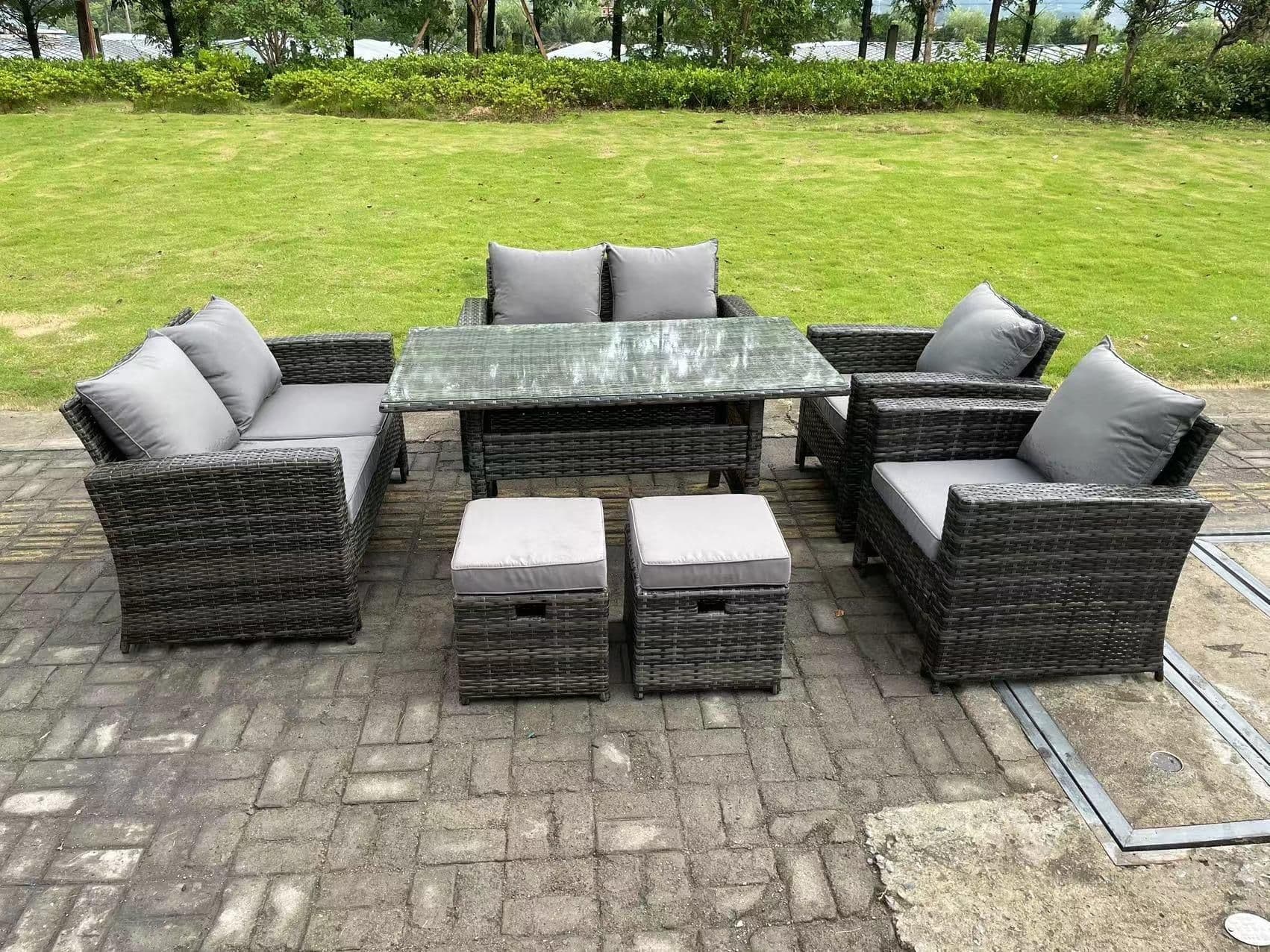 8 Seater High Back Dark Grey Mixed Rattan Sofa Dining Table Set Garden Furniture Love Sofa Arm Chair Stools