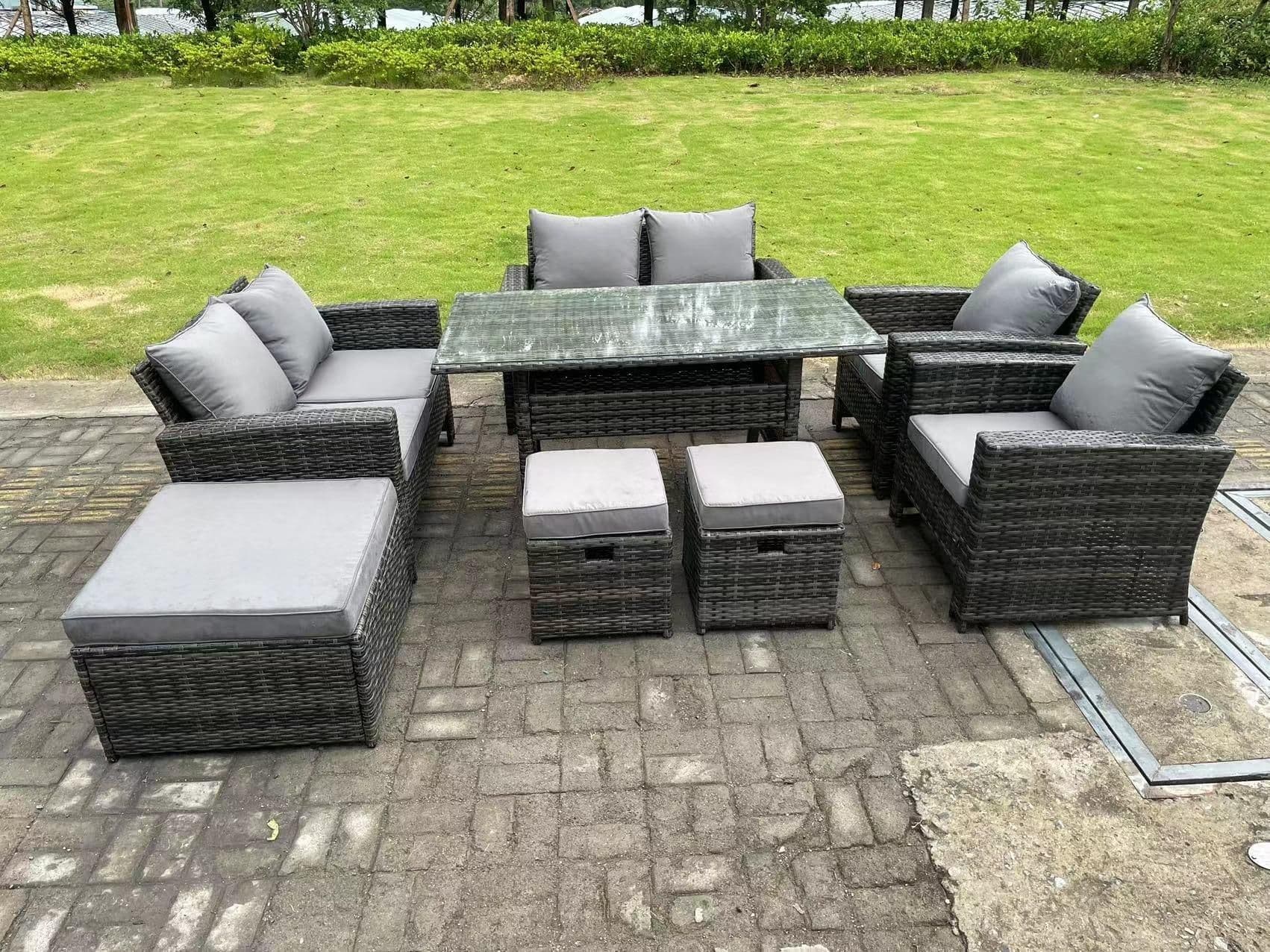 9 Seater Dark Grey High Back Rattan Sofa Set Dining Table Garden Furniture Outdoor Arm Chair Love Seat