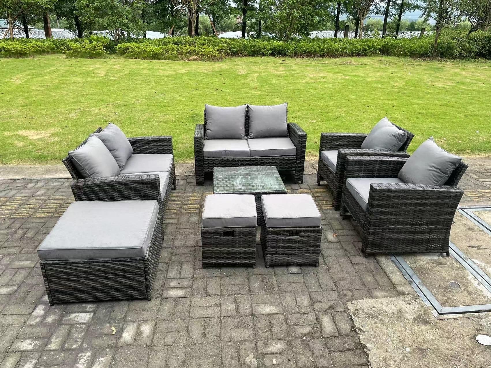 9 Seater Dark Grey Mixed High Back Rattan Sofa Set Coffee Table Garden Furniture Outdoor 3 Stools