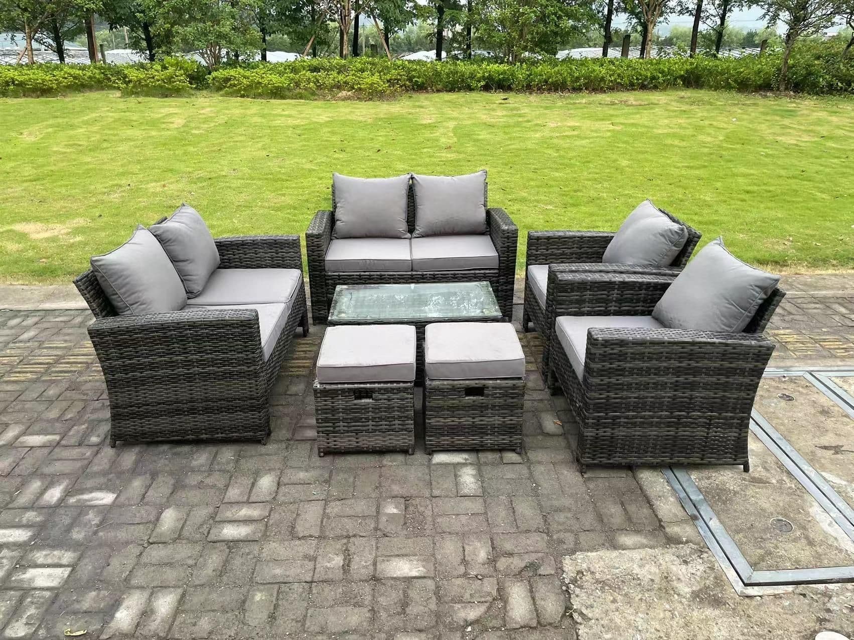 8 Seater Dark Grey Mixed High Back Rattan Sofa Set Coffee Table Garden Furniture Outdoor Patio 2 Stools