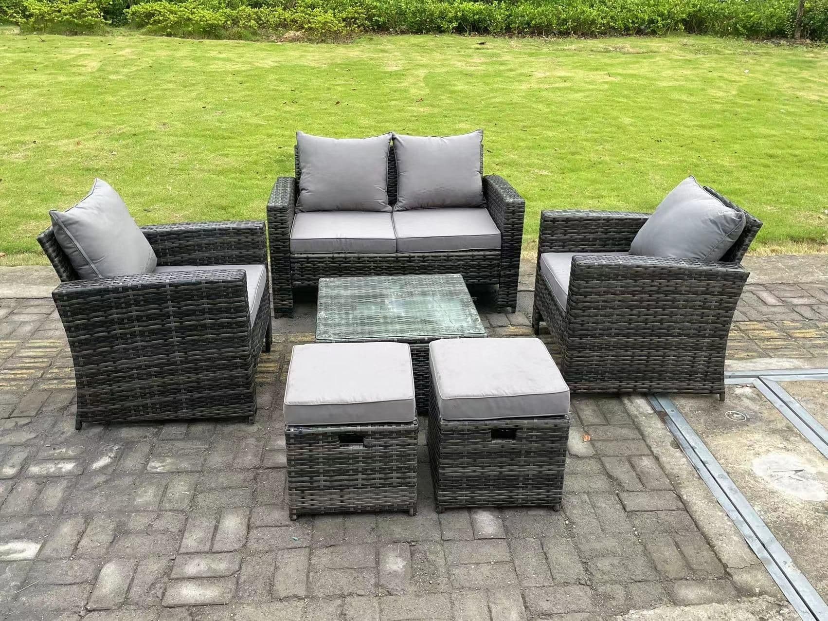 6 Seater Dark Grey Mixed High Back Rattan Sofa Set Square Coffee Table Garden Furniture Outdoor 2 Stools