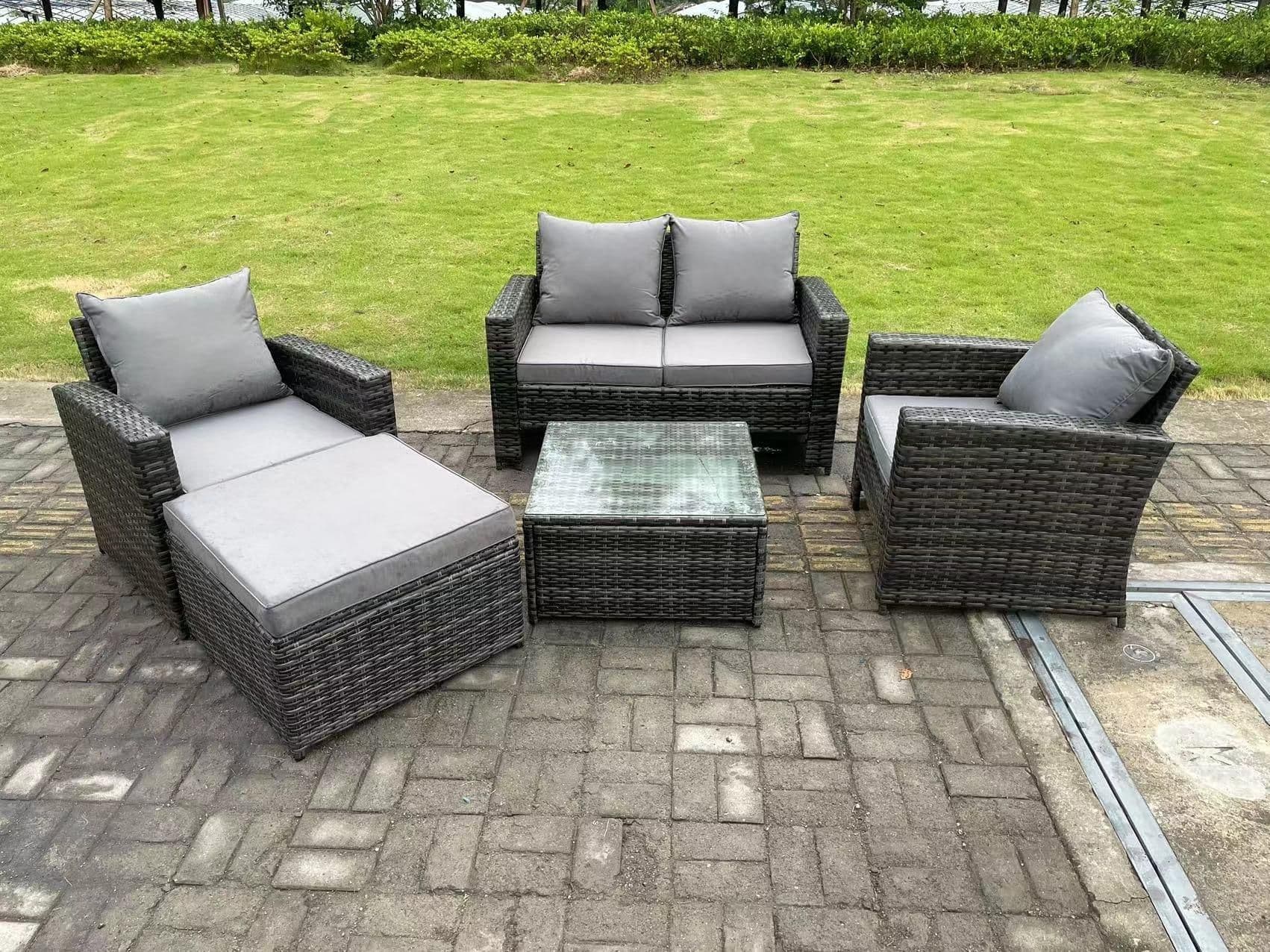5 Seater Dark Grey Mixed High Back Rattan Sofa Set Square Coffee Table Garden Furniture Outdoor Patio