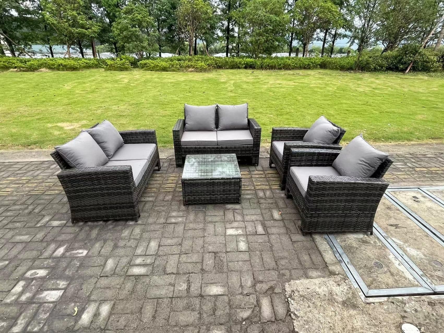 6 Seater High Back Rattan Sofa Set Square Coffee Table Garden Furniture Patio Love Sofa Arm Chairs