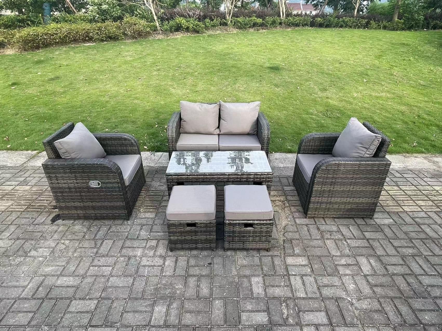 PE Wicker Rattan Garden Furniture Set Love Sofa Reclining Chair Outdoor Rectangular Coffee Table Stools