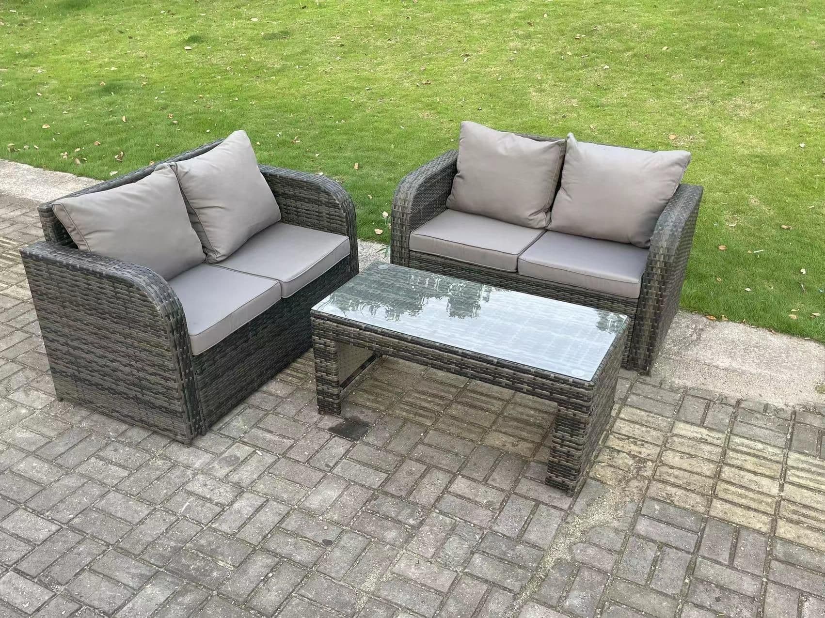 Dark Grey Rattan Garden Furniture Set Love Sofa 2 Seater Sofa Set Outdoor Rectangular Coffee Table 4 Seater
