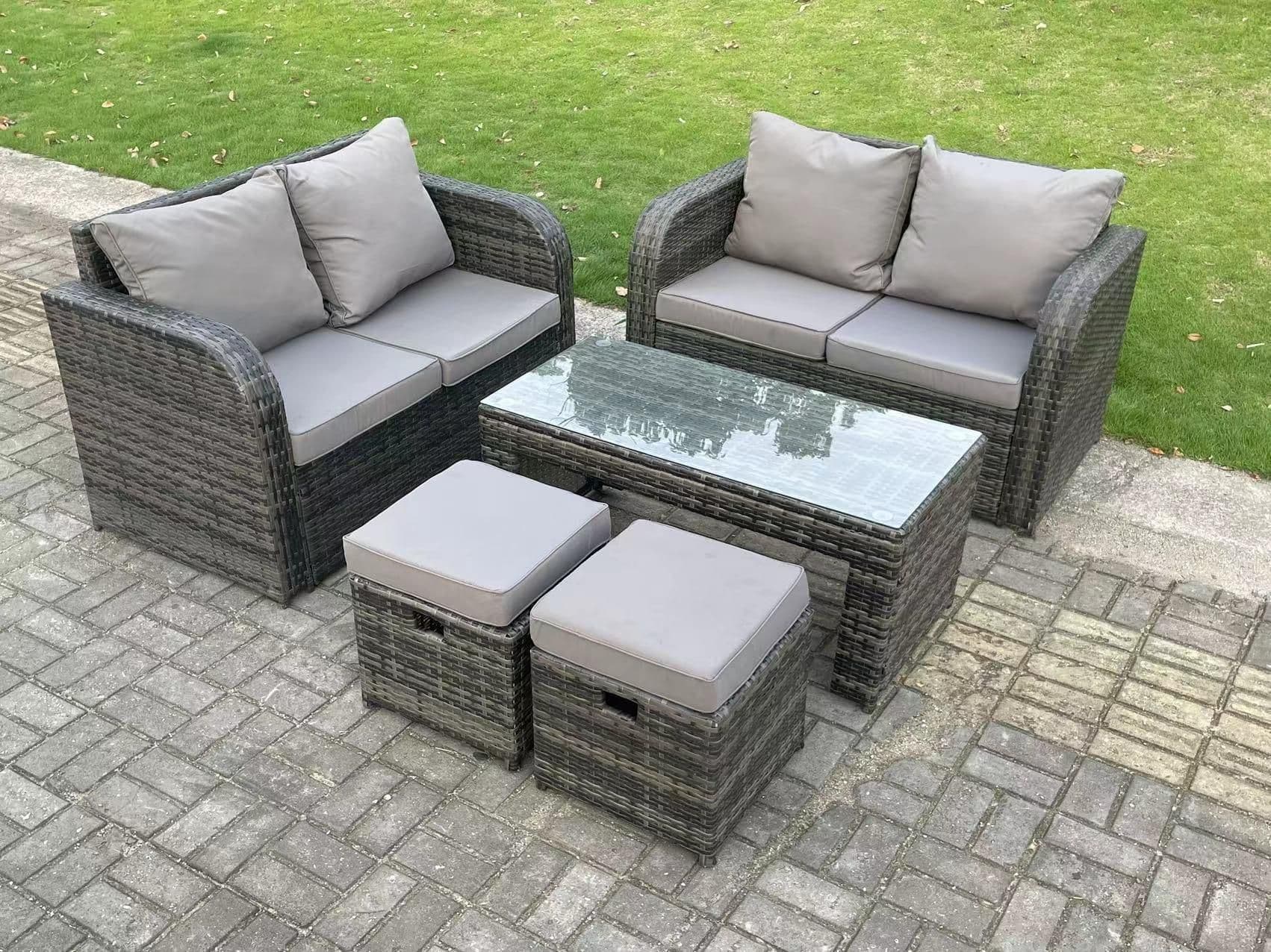 Dark Grey Rattan Garden Furniture Set Love Sofa 2 Seater Sofa Set Outdoor Rectangular Coffee Table 6 Seater