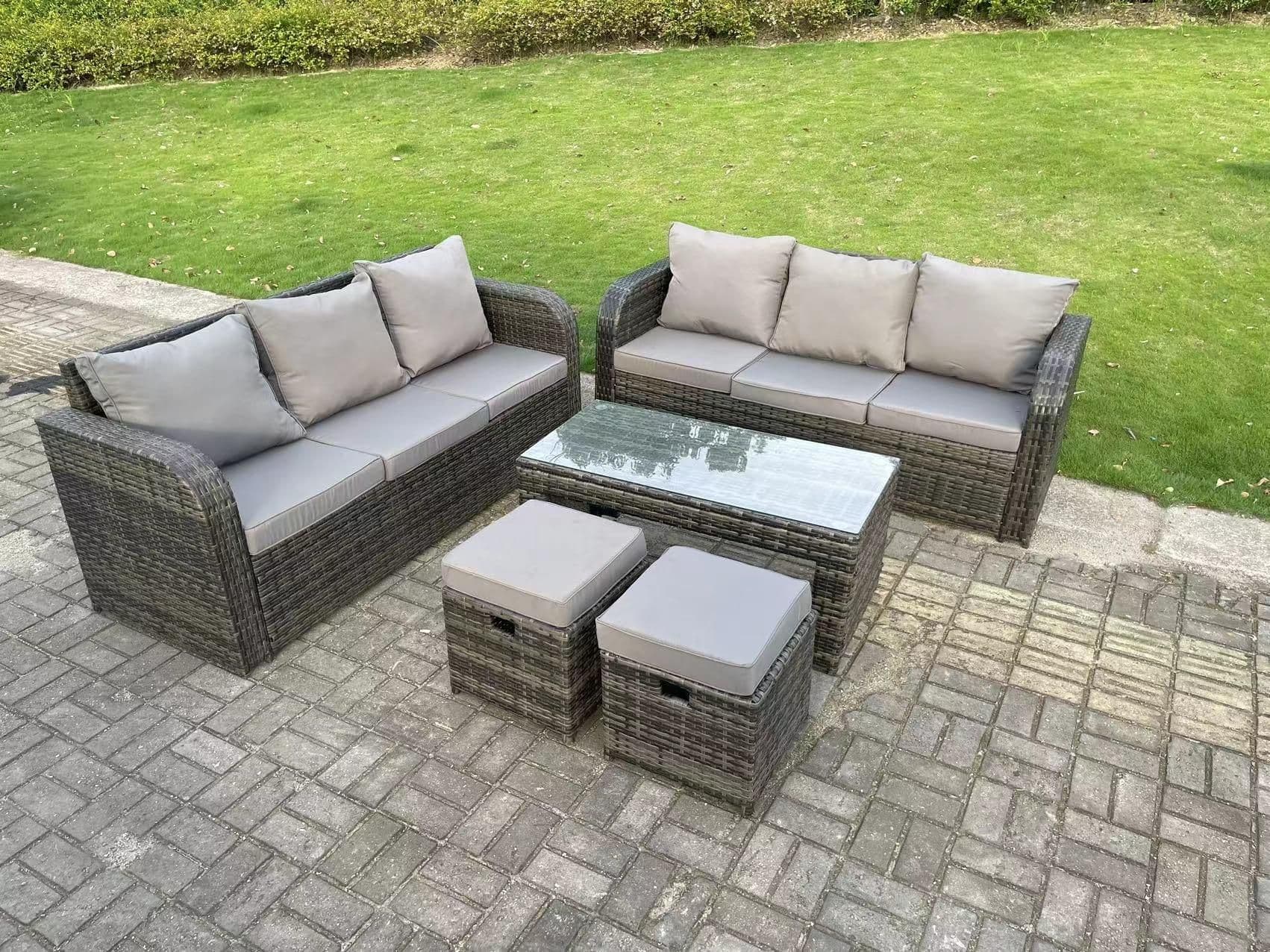High Back Rattan Garden Furniture Set Lounge Sofa 3 Seater Sofa Set Outdoor Rectangular Coffee Table 8 Seater