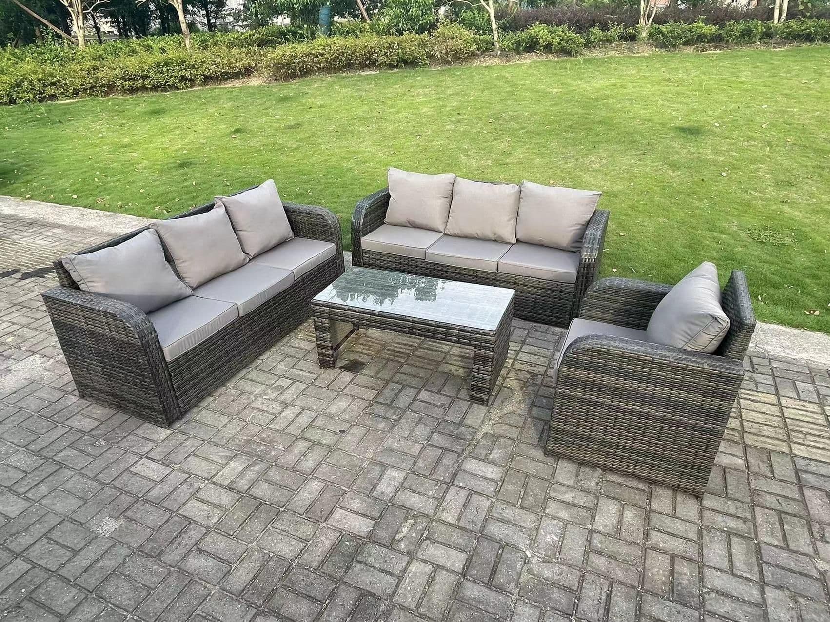 7 Seater PE High Back Rattan Garden Furniture Set Reclining Chair Lounge 3 Seater Sofa Set Coffee Table