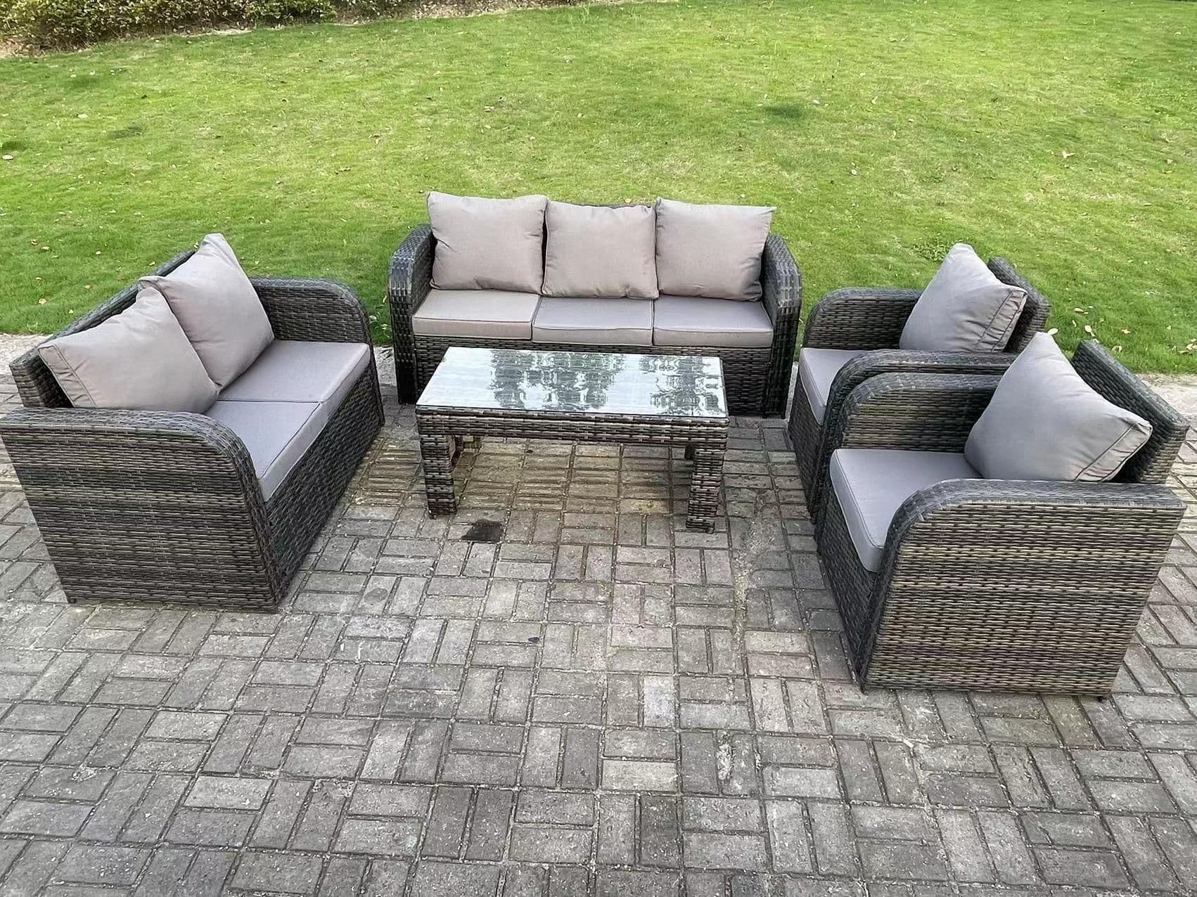 7 Seater Dark Grey PE Rattan Garden Furniture Set Reclining Chair Love Seat 3 Seater Sofa Set Coffee Table