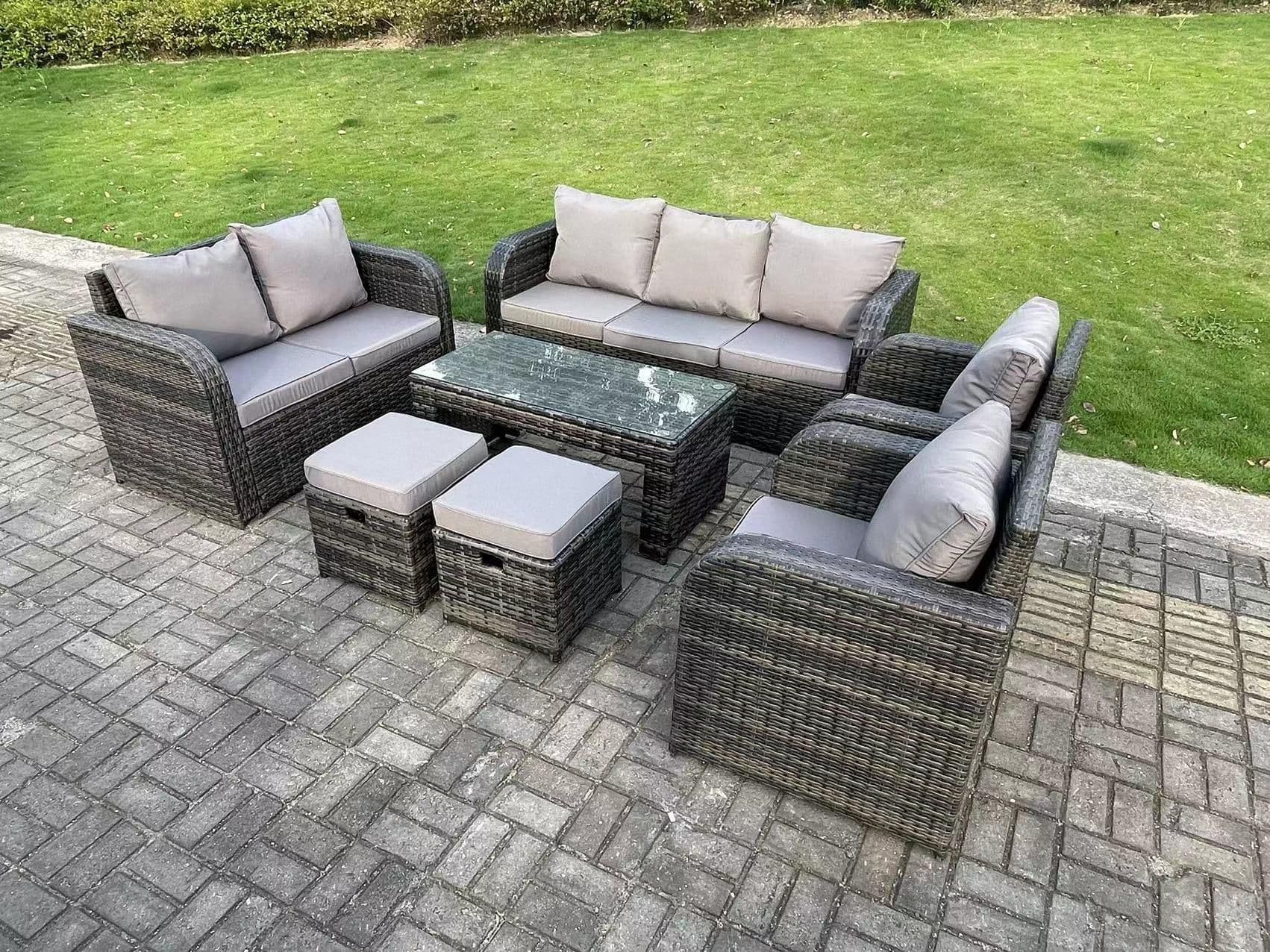 9 Seater Dark Grey PE Rattan Garden Furniture Set Reclining Chair Love Seat 3 Seater Sofa Set Coffee Table