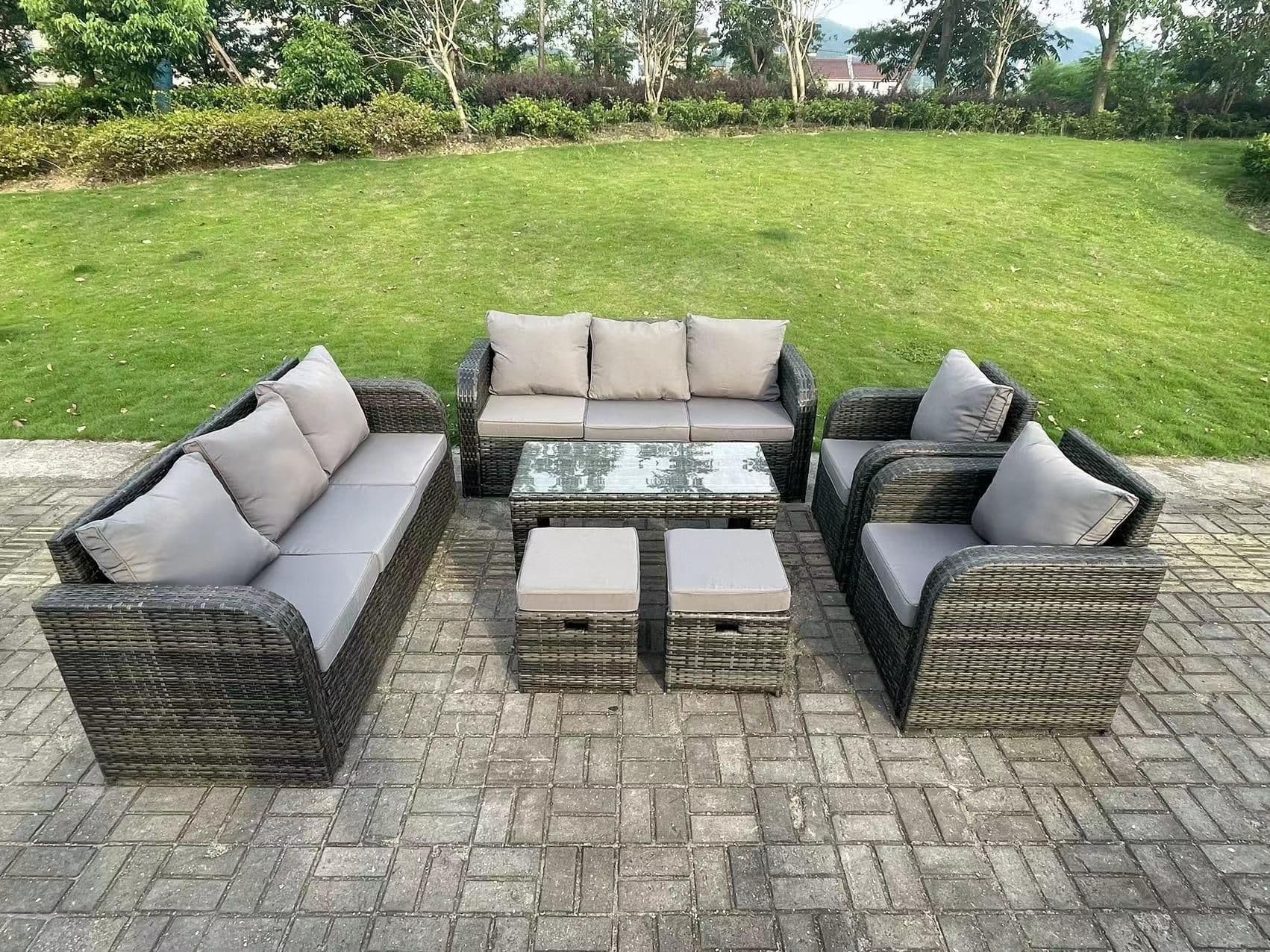 10 Seater Dark Grey PE Rattan Garden Furniture Set Reclining Chair 3 Seater Lounge Sofa Set Coffee Table