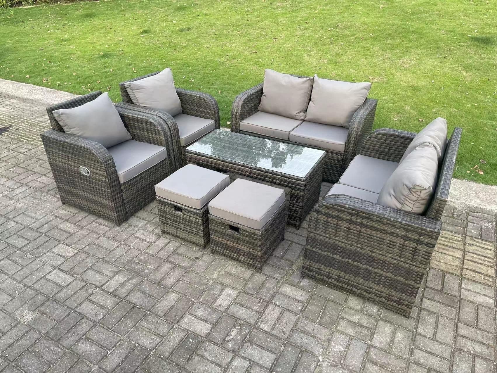 8 Seater Dark Grey PE Rattan Garden Furniture Set Reclining Chair 2 Seater Love Sofa Set Coffee Table Stools