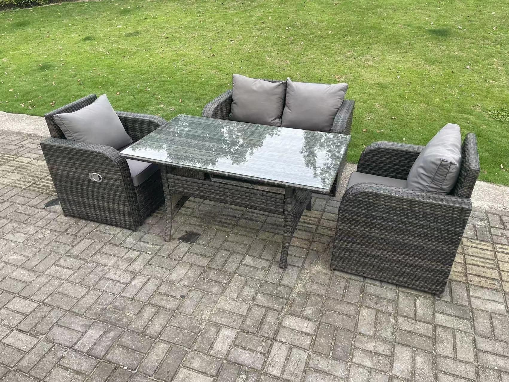 Dark Grey PE Rattan Garden Furniture Set Love Sofa Reclining Chair Outdoor Rectangular Dining Table 4 Seater