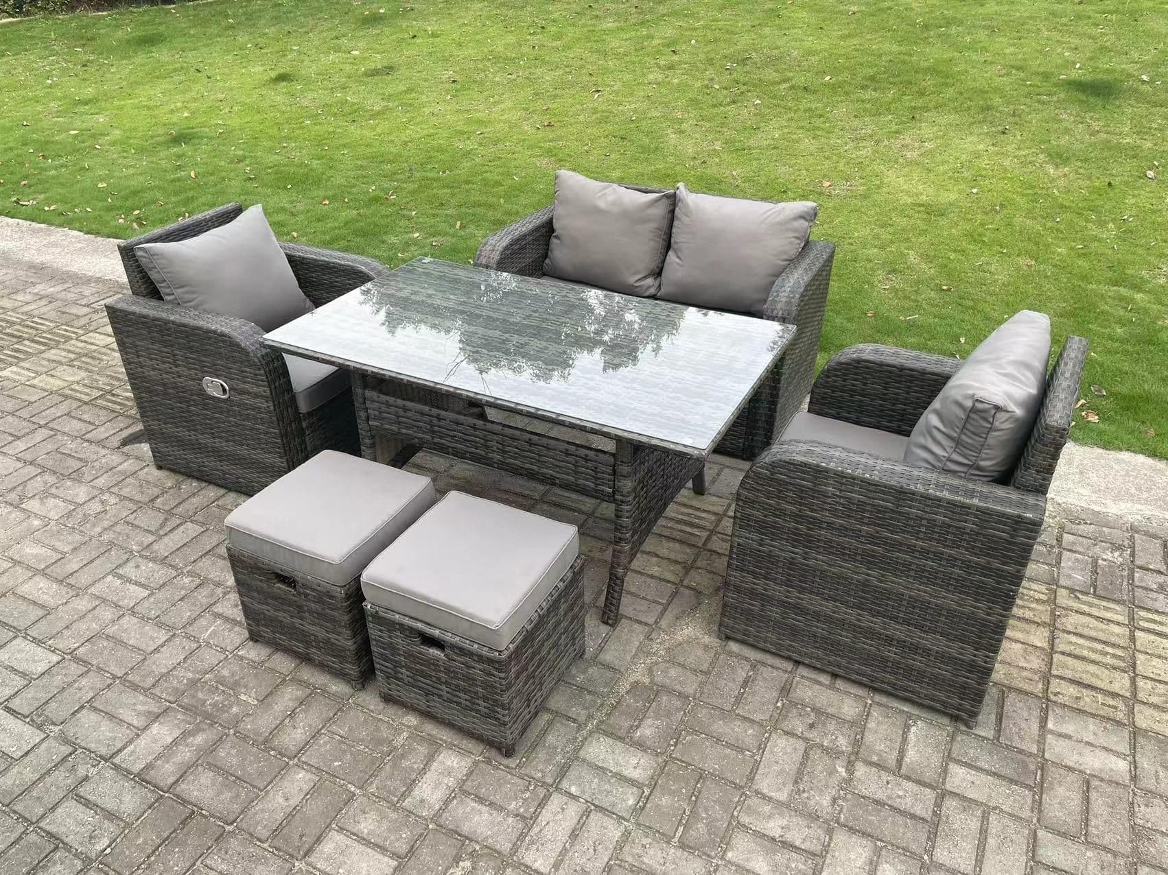 Dark Grey PE Rattan Garden Furniture Set Love Sofa Reclining Chair Outdoor Rectangular Dining Table 6 Seater