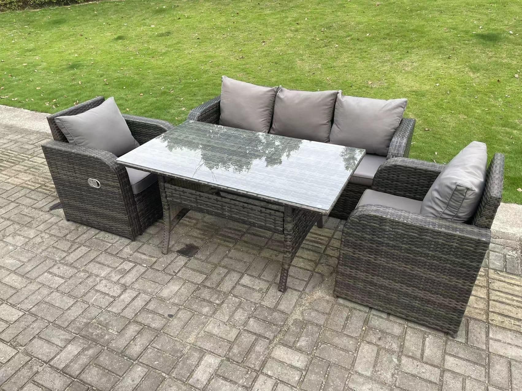 Rattan Garden Furniture Set 3 Seater Lounge Sofa Reclining Chair Outdoor Rectangular Dining Table 5 Seater