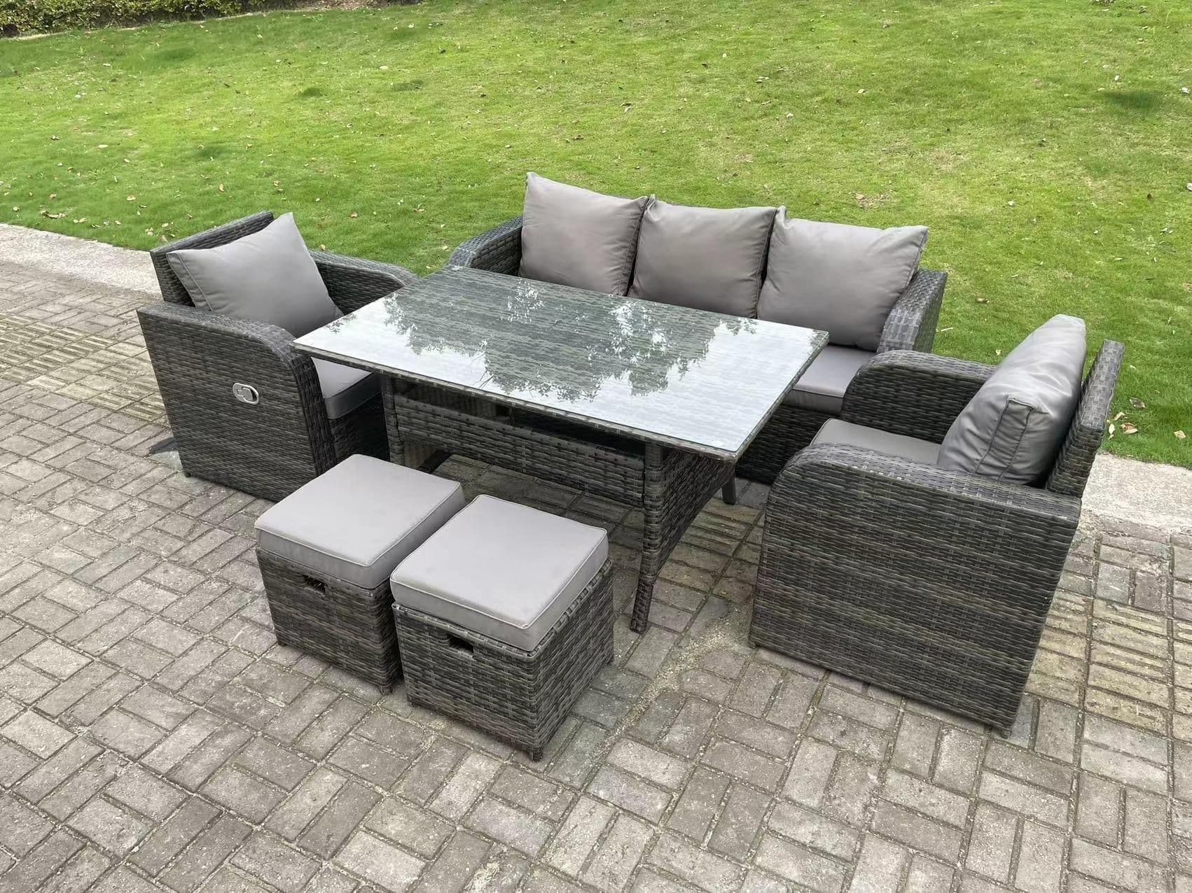 Dark Grey PE Rattan Garden Furniture Set 3 Seater Lounge Sofa Reclining Chair Outdoor Rectangular Dining Table