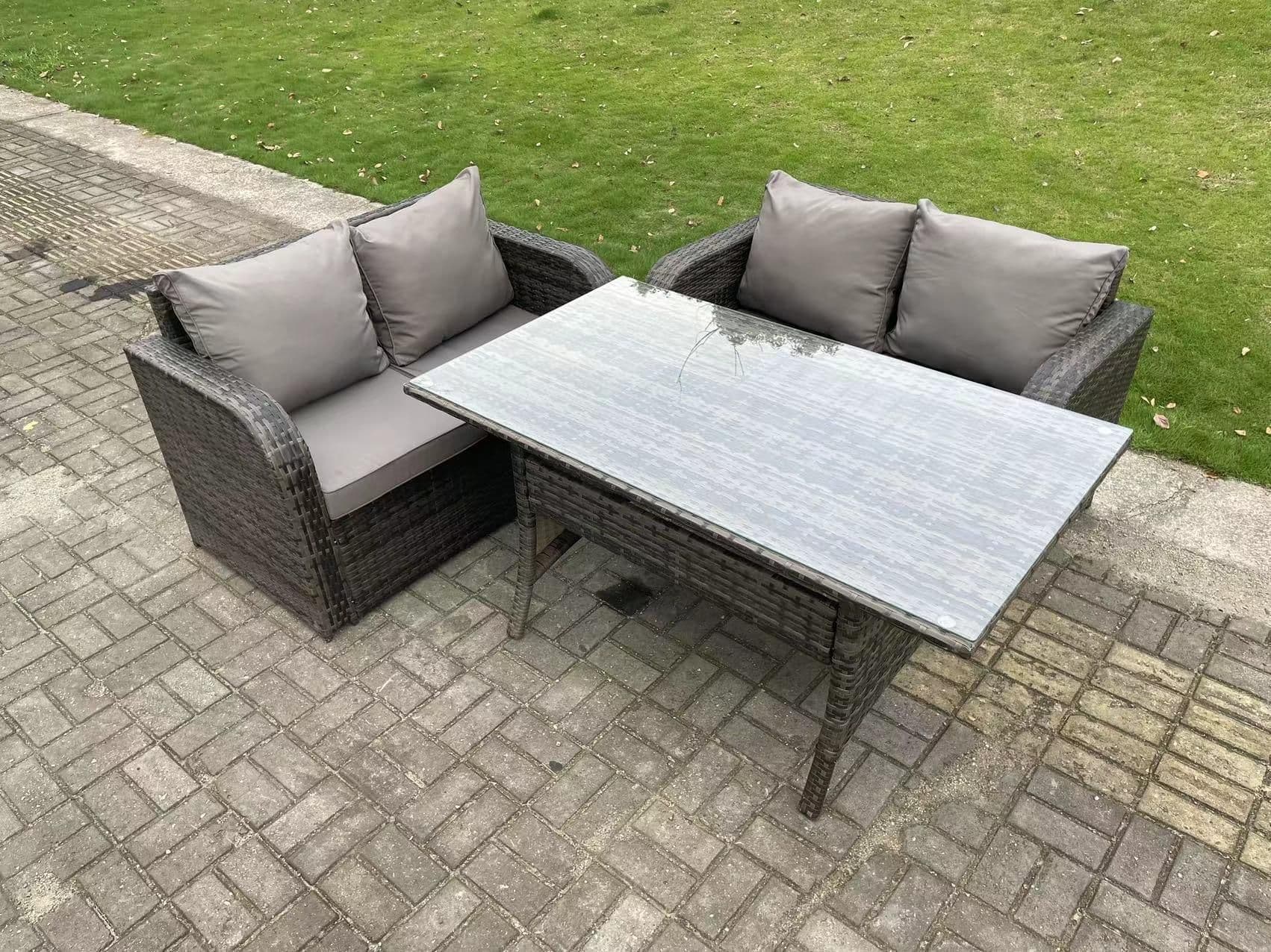 Dark Grey PE Rattan Garden Furniture Set Love Sofa 2 Seater Sofa Set Outdoor Rectangular Dining Table 4 Seater