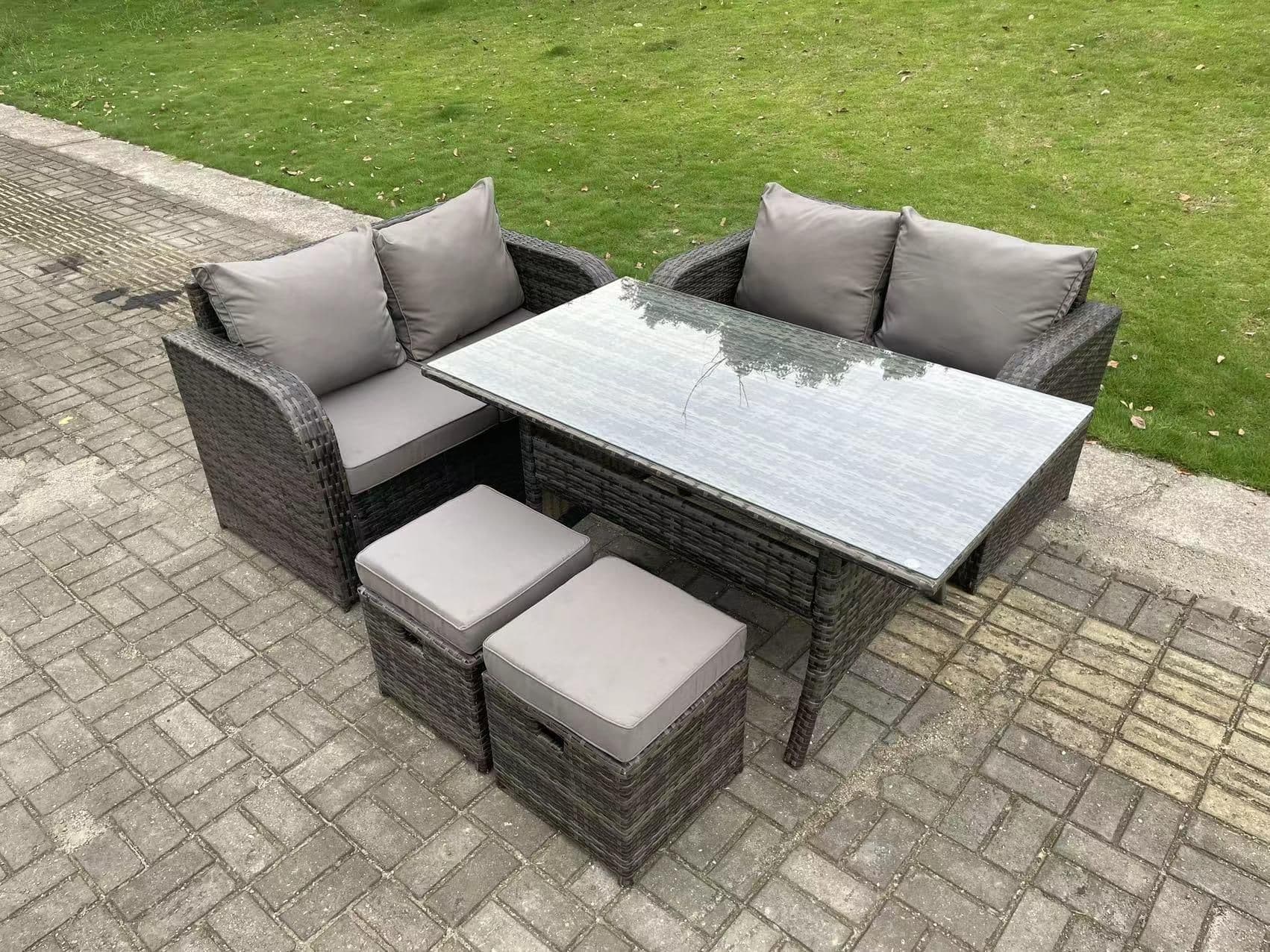 6 Seater Dark Grey PE Rattan Garden Furniture Set Love Sofa 2 Seater Sofa Set Outdoor Rectangular Dining Table