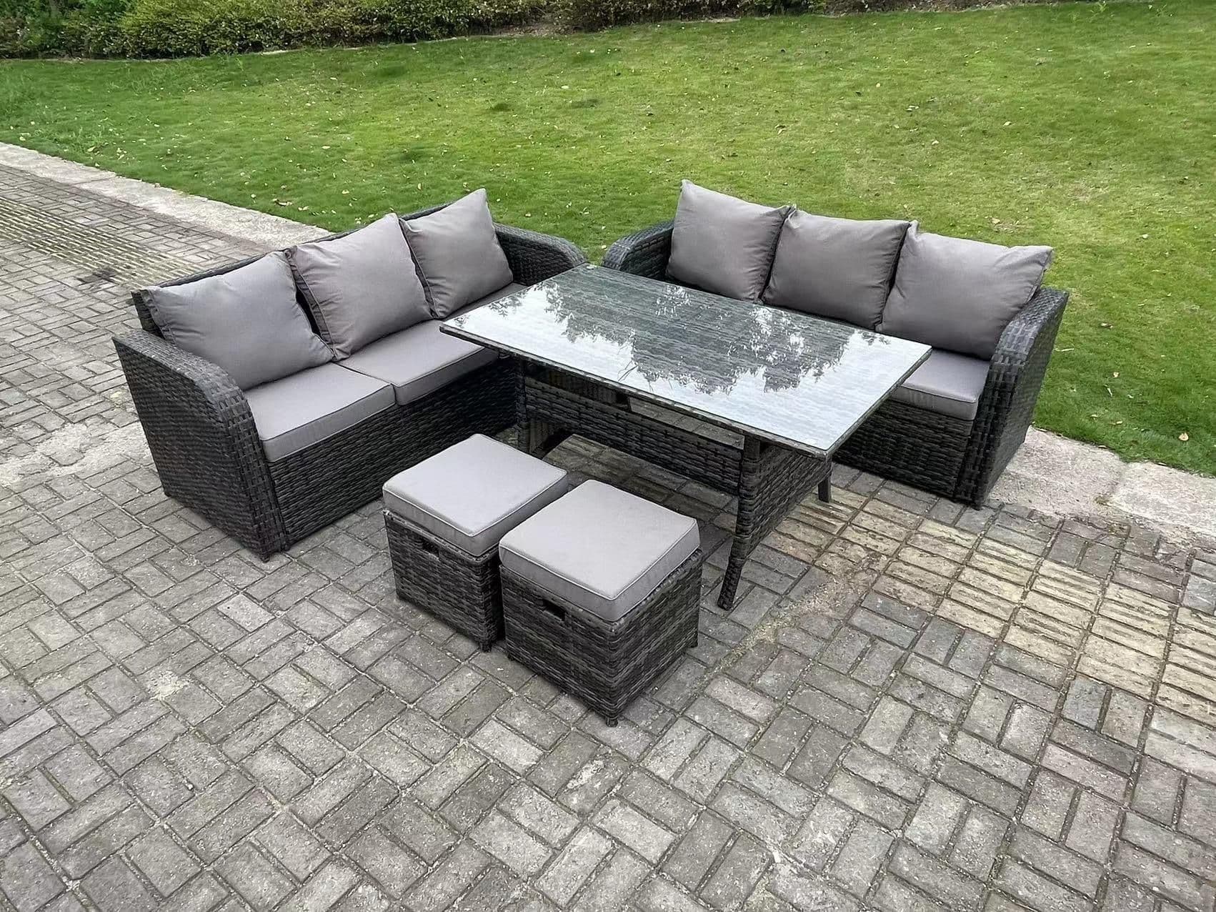 Rattan Garden Furniture Set Lounge Sofa 3 Seater Sofa Set Outdoor Rectangular Dining Table 2 Stools 8 Seater