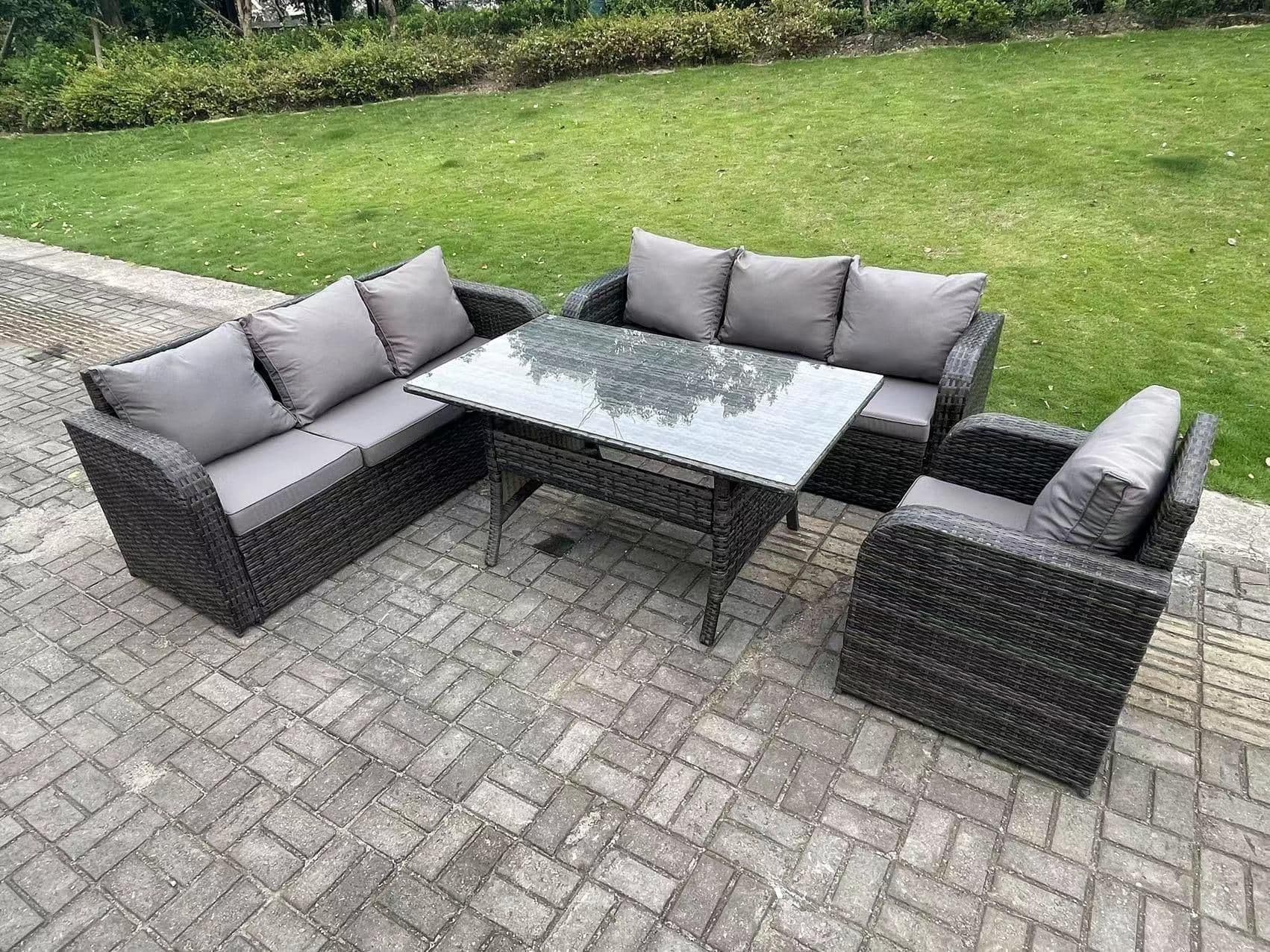 7 Seater Dark Grey PE Rattan Garden Furniture Set Reclining Chair Lounge Sofa 3 Seater Sofa Set Dining Table