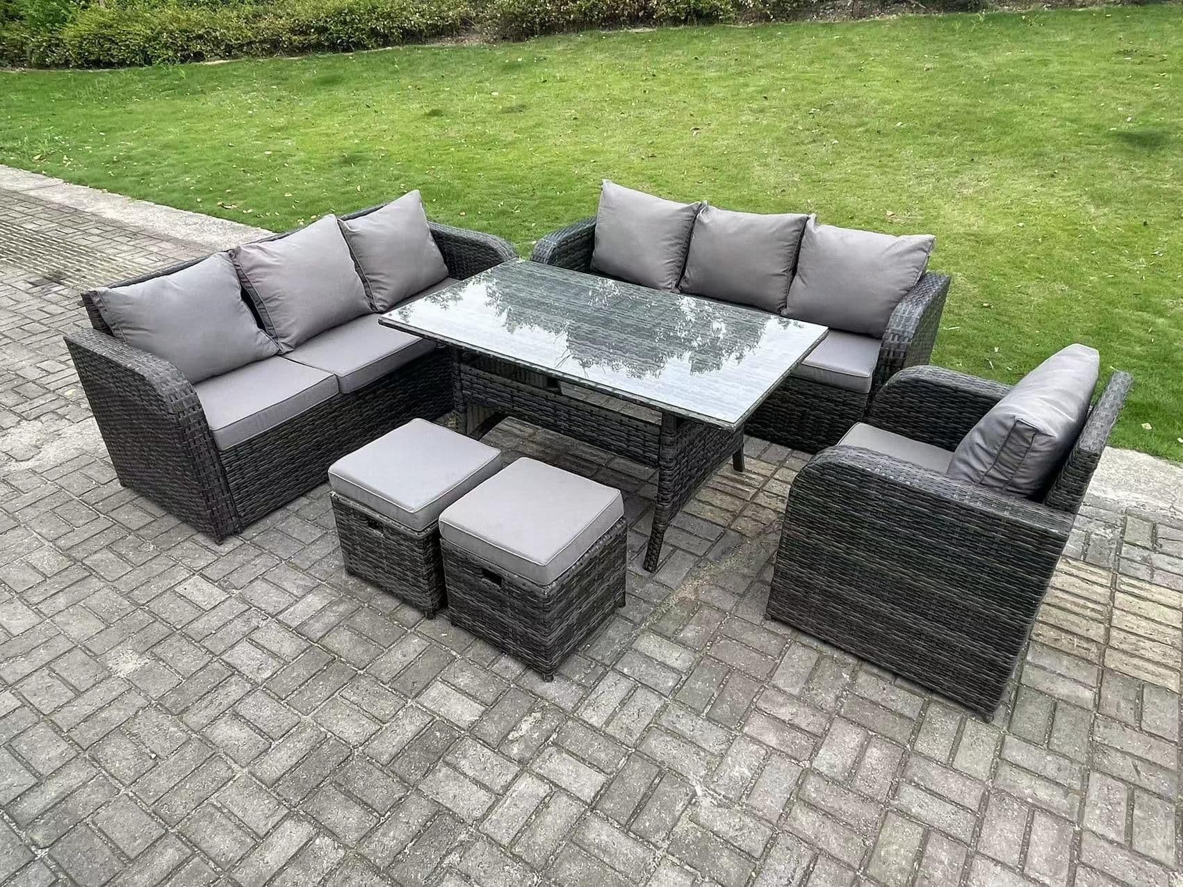 9 Seater Rattan Garden Furniture Set Reclining Chair Lounge Sofa 3 Seater Sofa Set Outdoor Dining Table