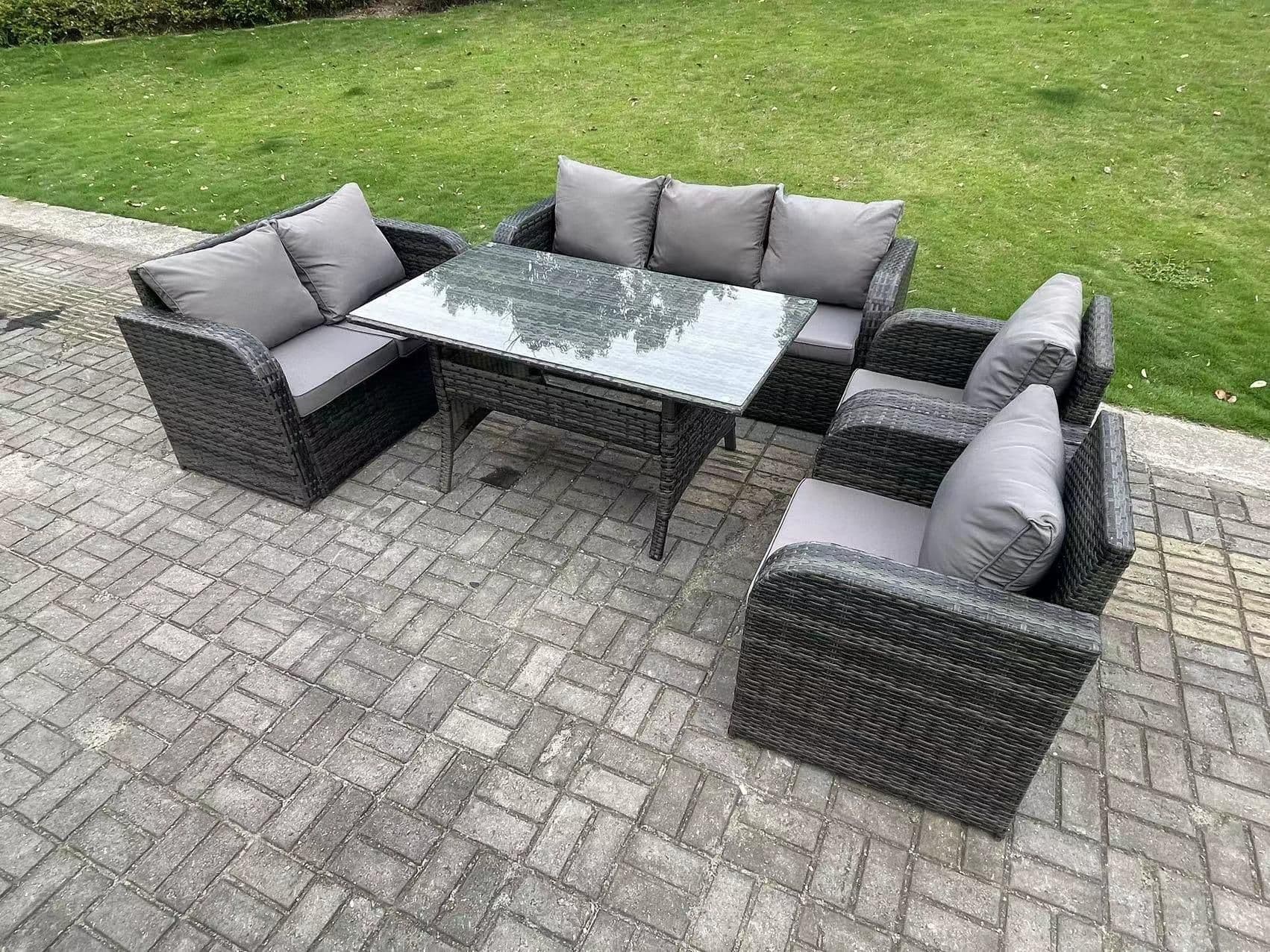 7 Seater Dark Grey PE Rattan Garden Furniture Set Reclining Chair Love Seat 3 Seater Sofa Set Dining Table