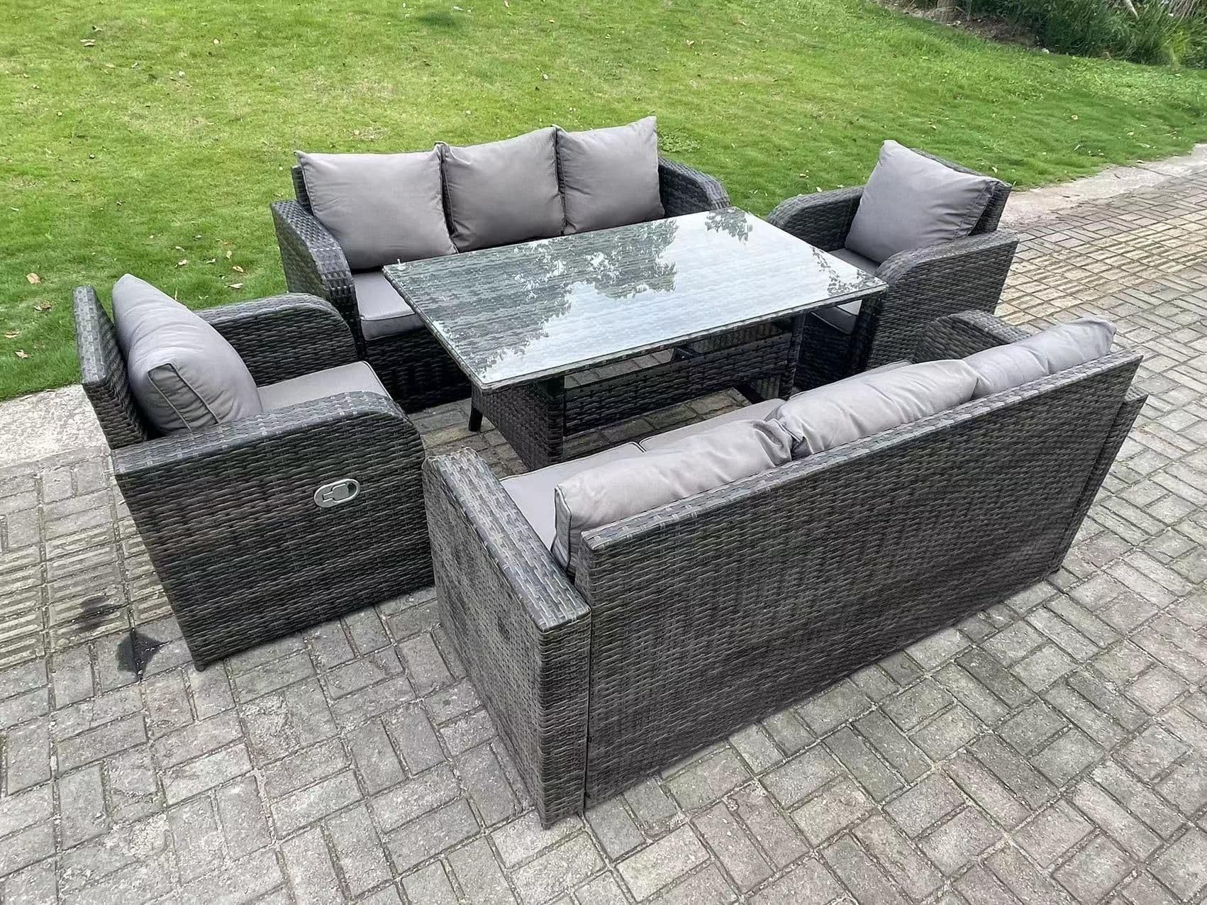 8 Seater Rattan Garden Furniture Set Reclining Chair Lounge 3 Seater Sofa Set Rectangular Dining Table