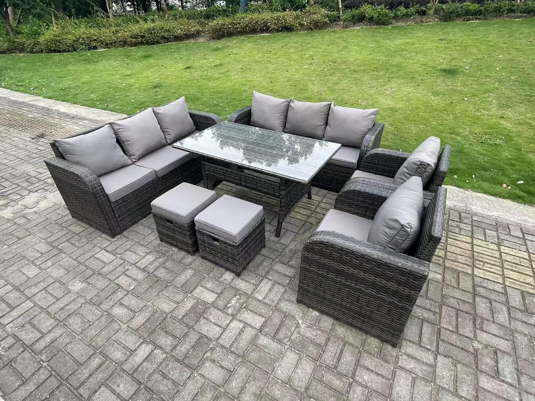 10 Seater Rattan Garden Furniture Set Reclining Chair Lounge 3 Seater Sofa Set Rectangular Dining Table Stools