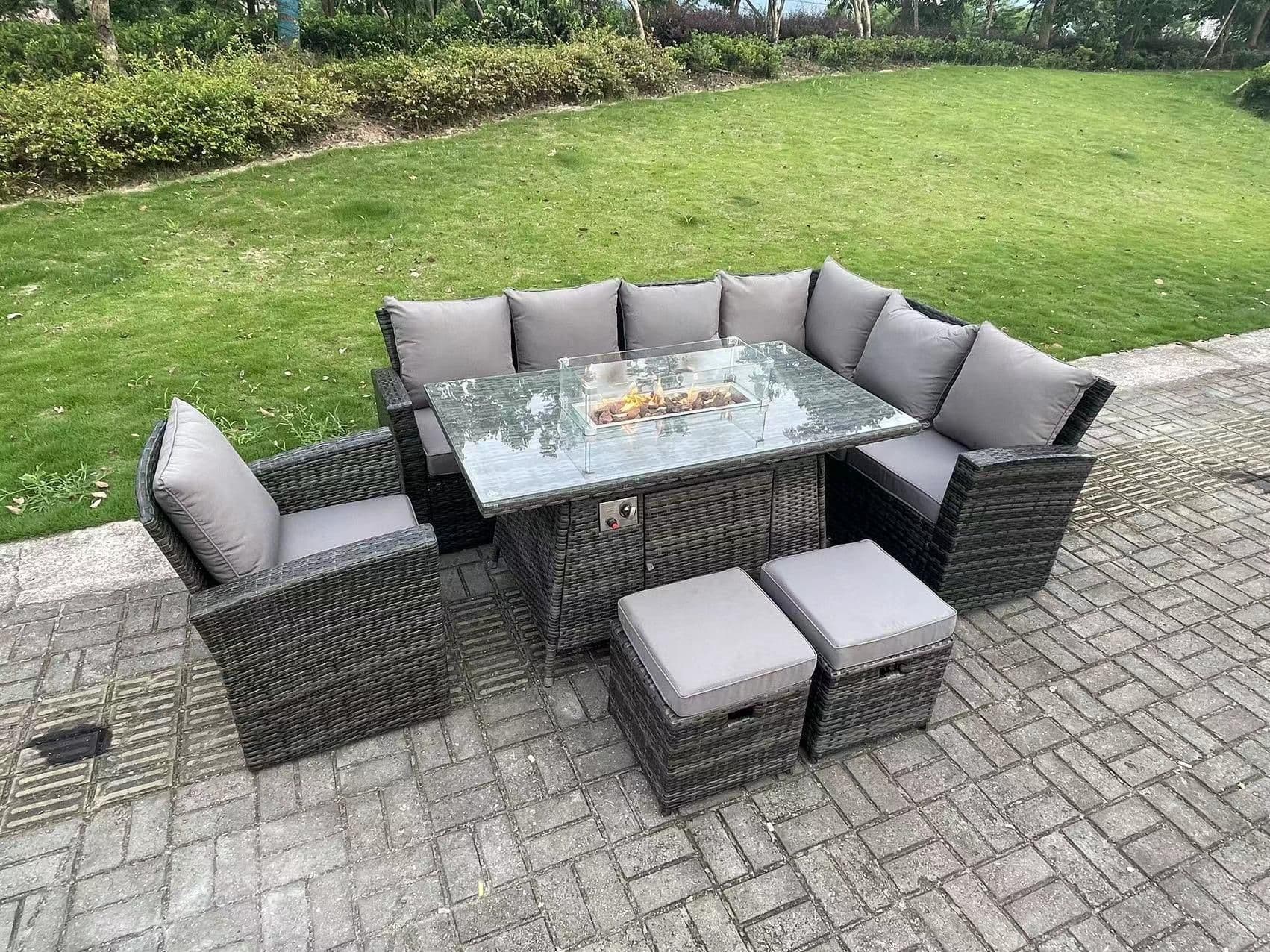 High Back Rattan Garden Furniture Sets Gas Fire Pit Dining Table Gas Heater Set Corner Sofa 9 Seater