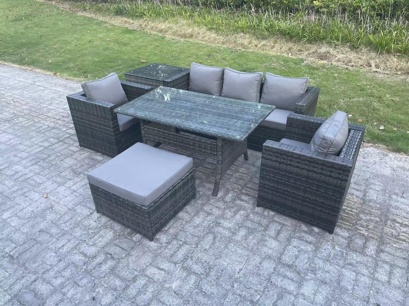 PE Wicker Rattan Garden Furniture Set Outdoor Rectangular Dining Table Side Table Stool 6 Seater
