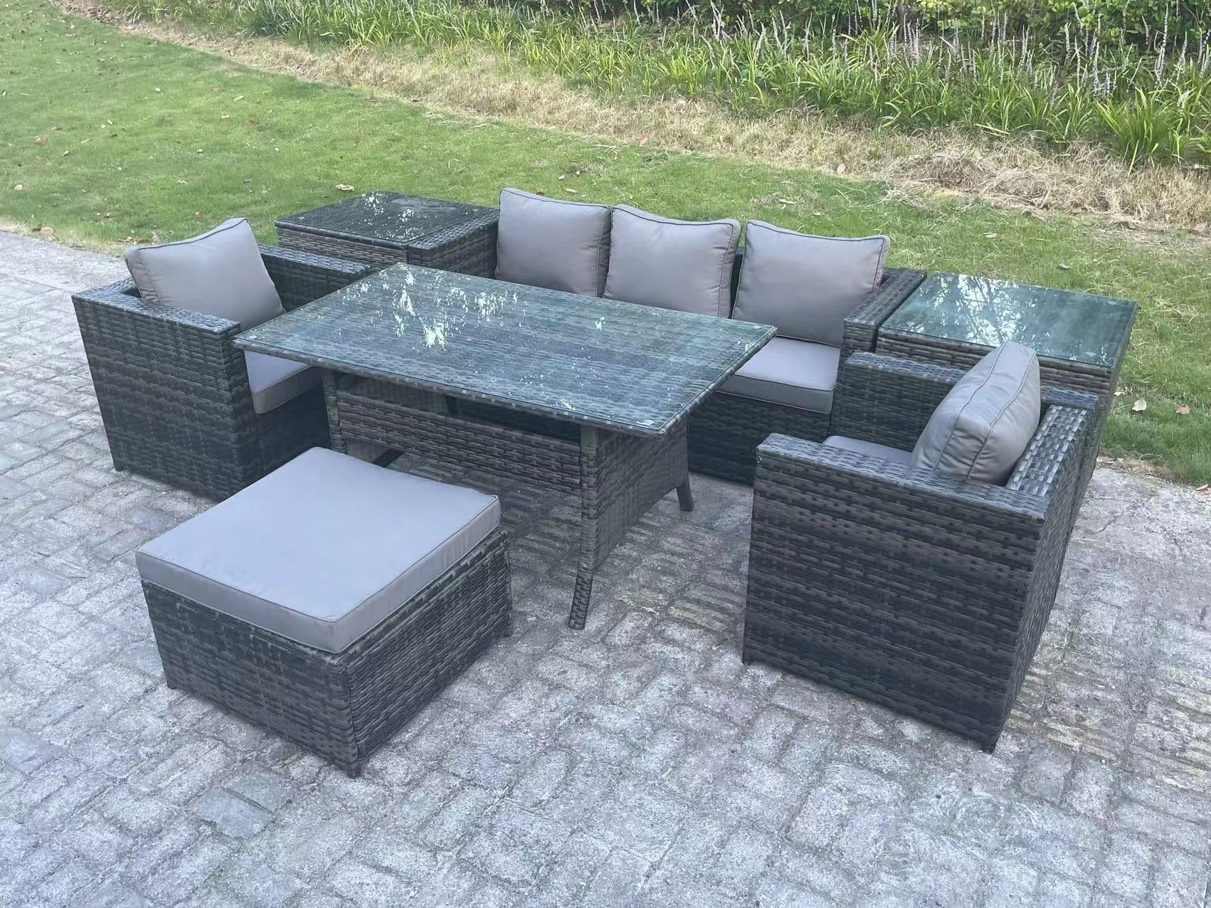 6 Seater Rattan Garden Furniture Set Patio Dining Table Lounge Sofa Chair 2 Side Table Stool