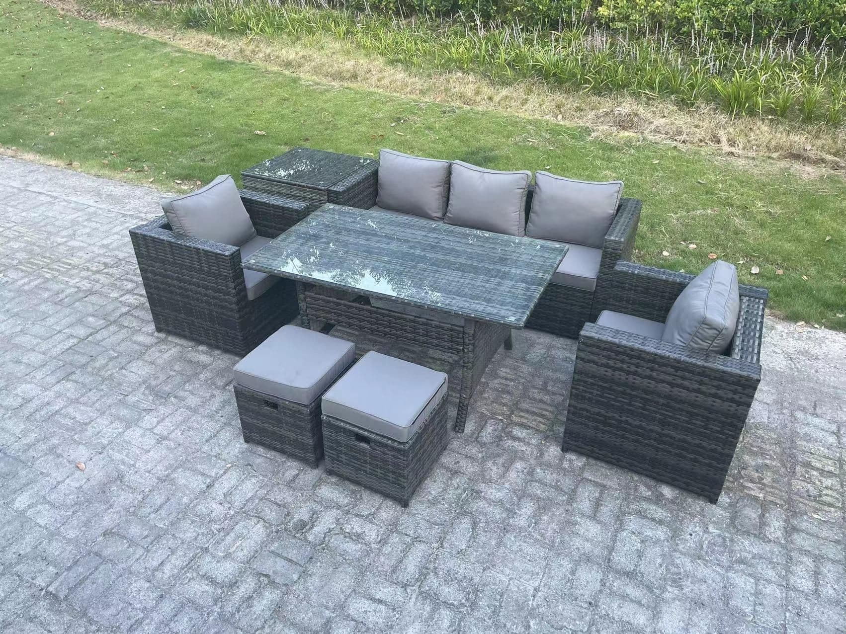 7 Seater Rattan Garden Furniture Set Patio Rectangular Dining Table Lounge Sofa Chair 2 Stools