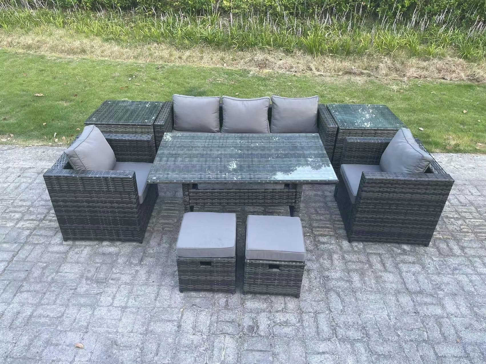 Garden Furniture Set Patio Rattan Rectangular Dining Table Lounge Sofa Chair 2 Table 2 Stools