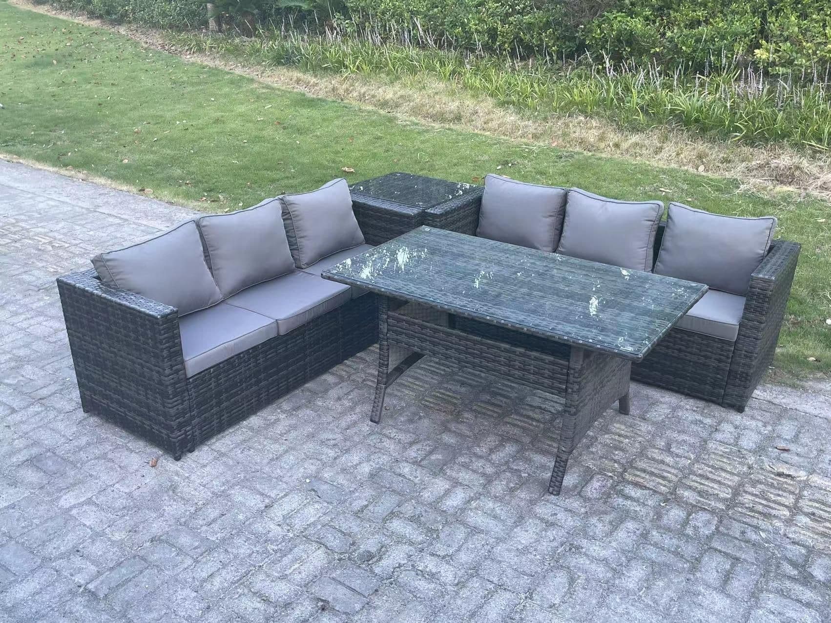 PE Wicker Outdoor Garden Furniture Set Patio Rattan Rectangular Dining Table Sofa Side Table 6 Seater