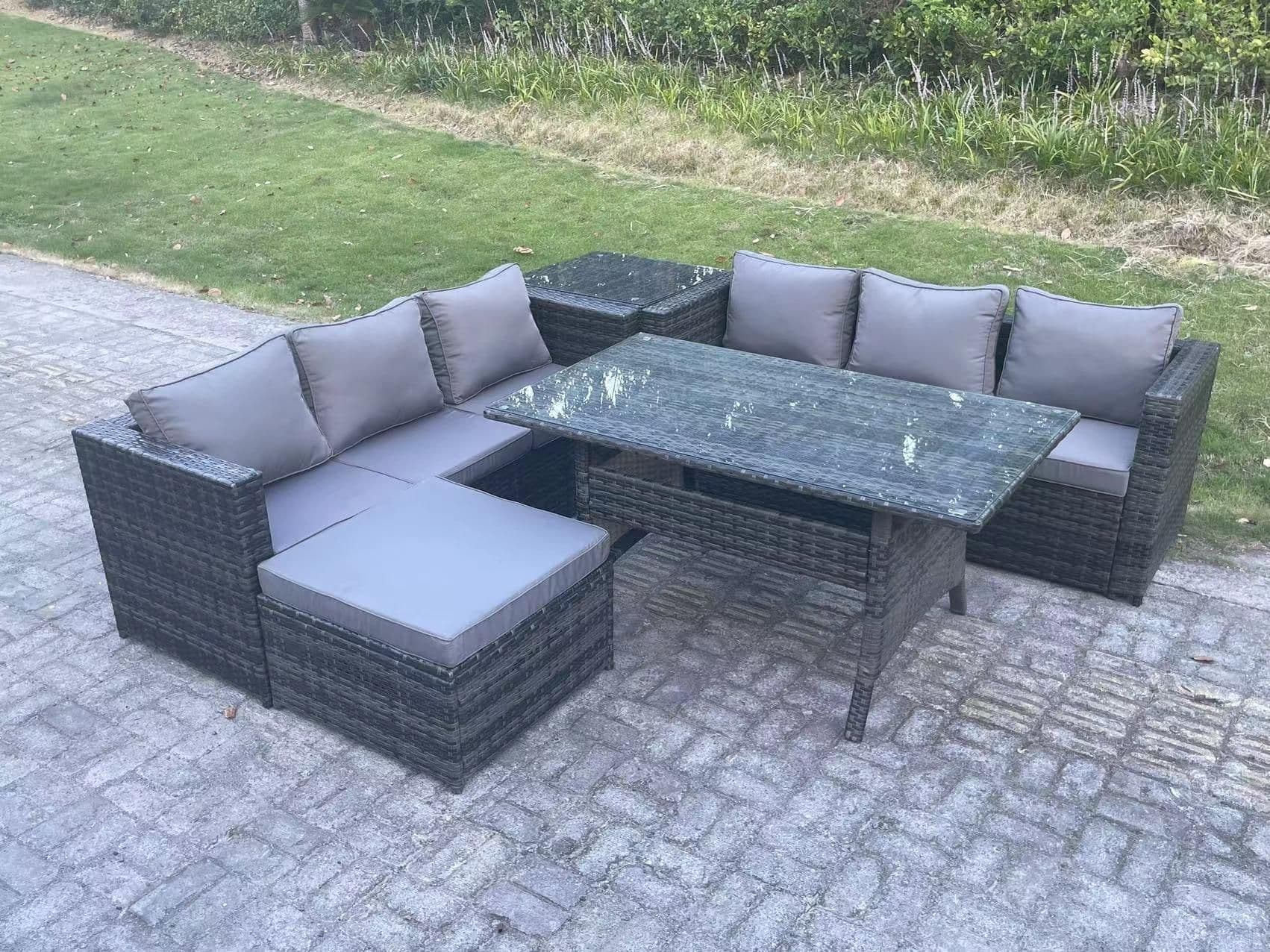 PE Wicker Outdoor Garden Furniture Set Patio Rattan Rectangular Dining Table Sofa Footstool Side Table 7 Seater