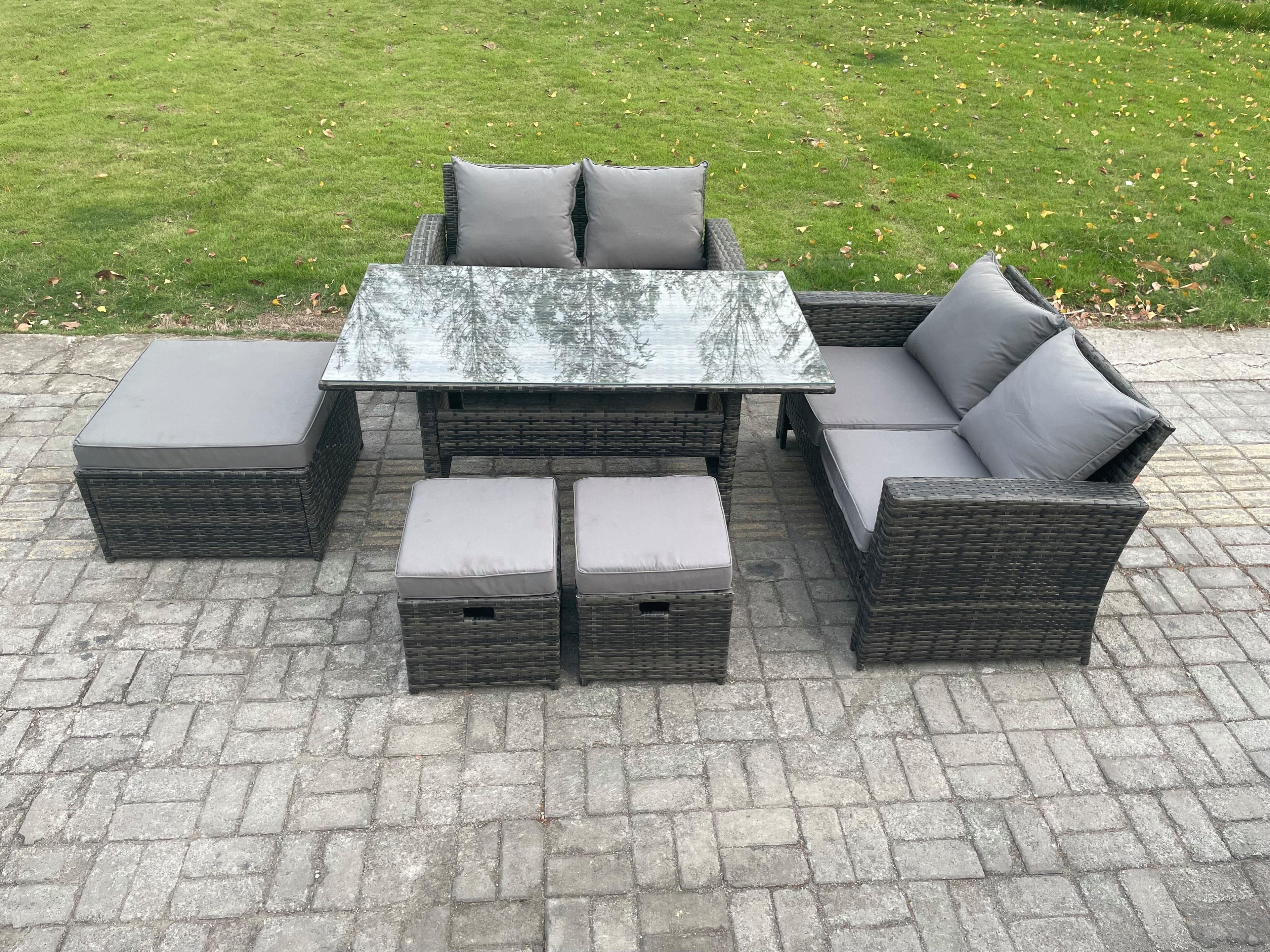7 Seater High Back Outdoor Garden Furniture Rattan Sofa Dining Table Set 3 Footstools Dark Grey Mixed