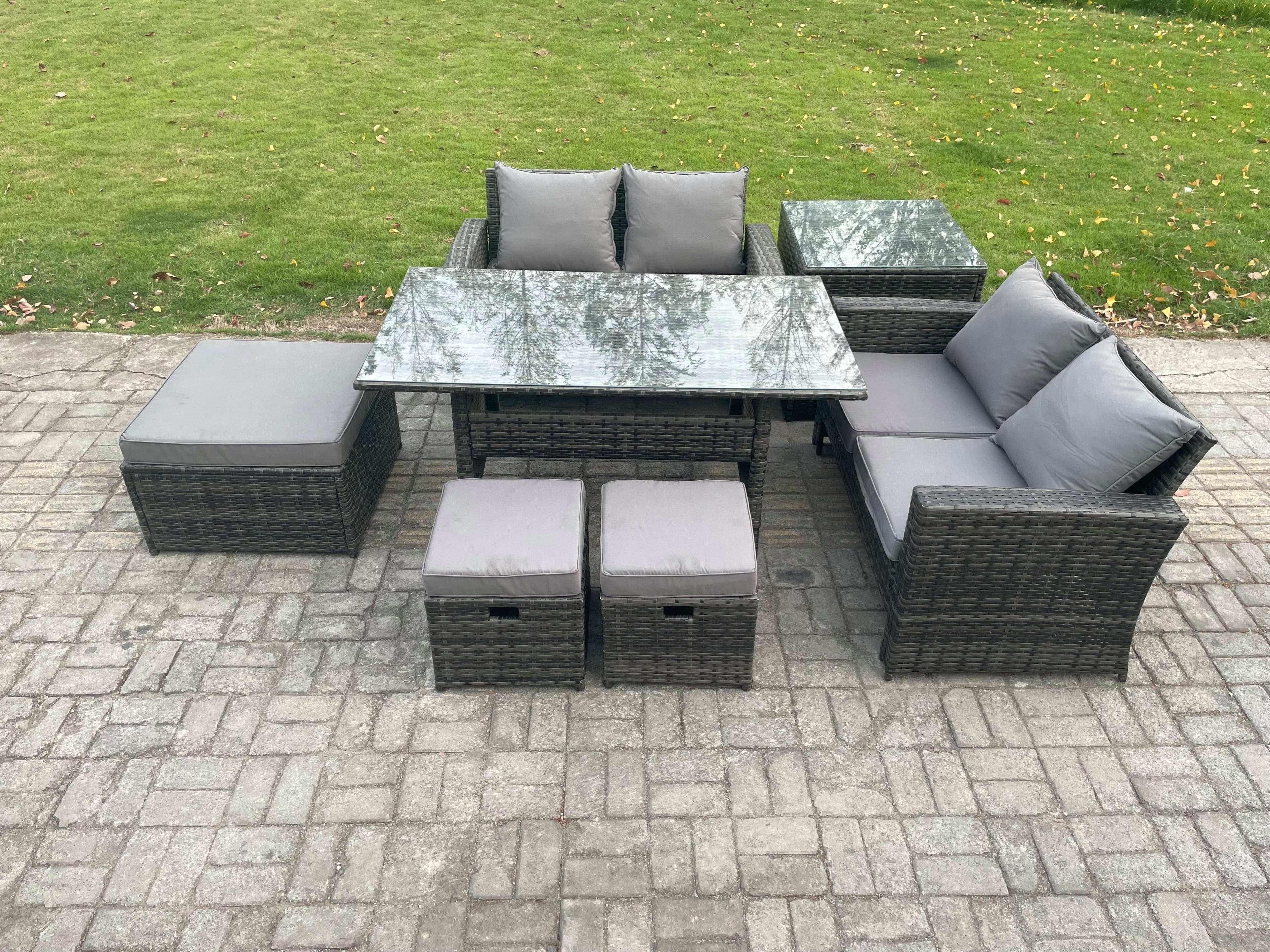 7 Seater High Back Outdoor Garden Furniture Rattan Sofa Dining Table Set 3 Footstools Side Table Dark Grey Mixed