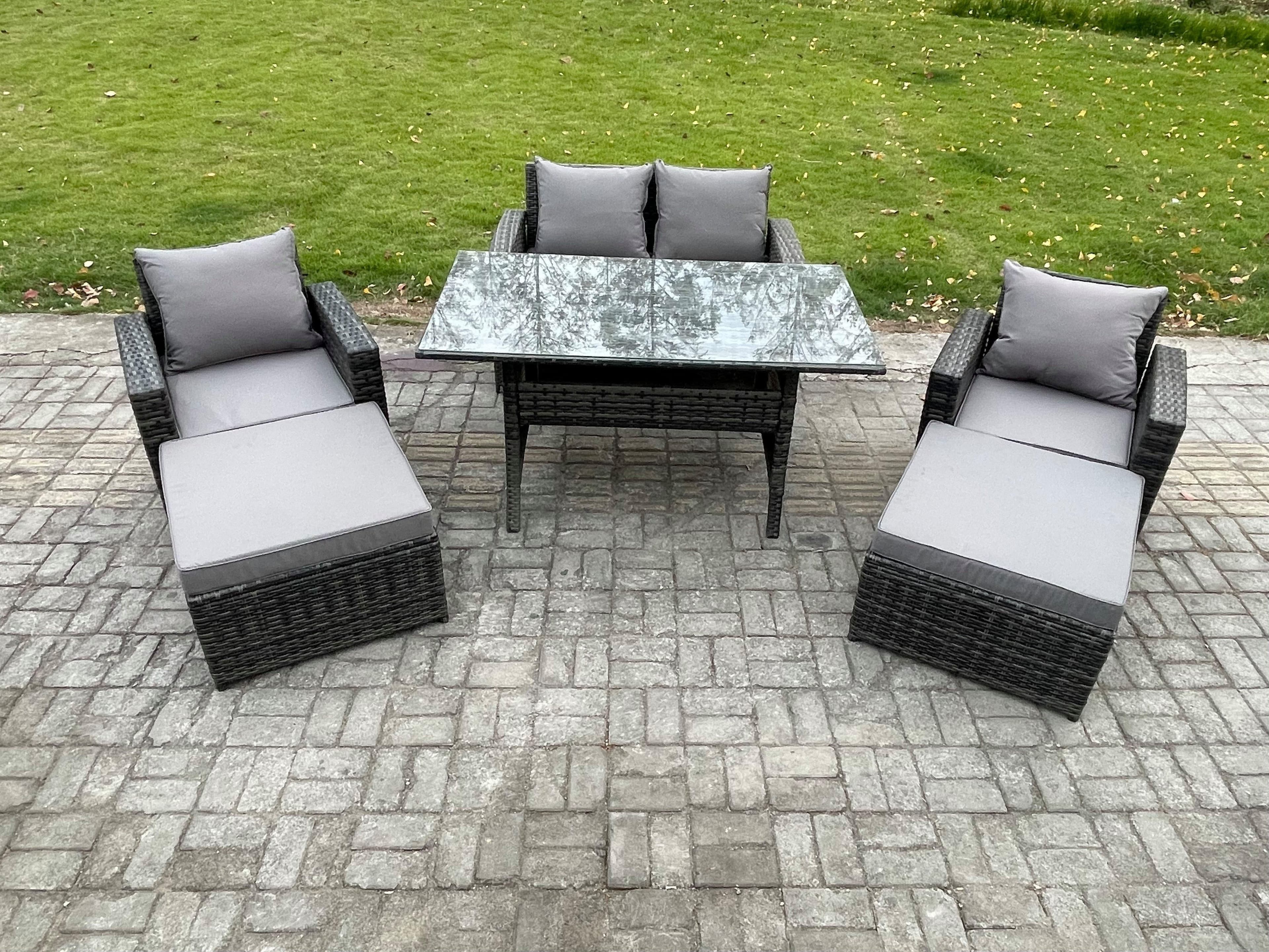 6 Seater High Back Outdoor Garden Furniture Rattan Sofa Dining Table Set Armchair 2 Big Footstool Dark Grey Mixed