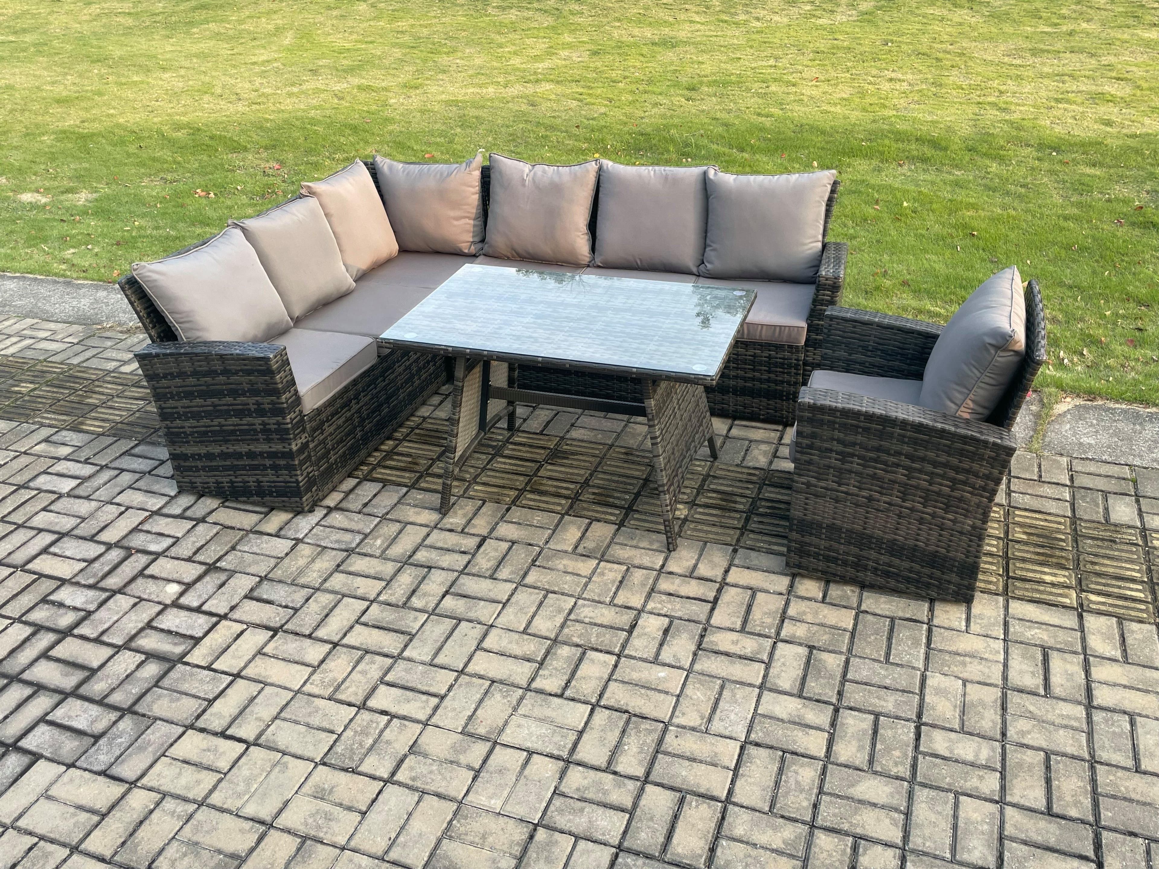 High Back Outdoor Garden Furniture Set Rattan Corner Sofa Dining Table Set Armchair 7 Seater
