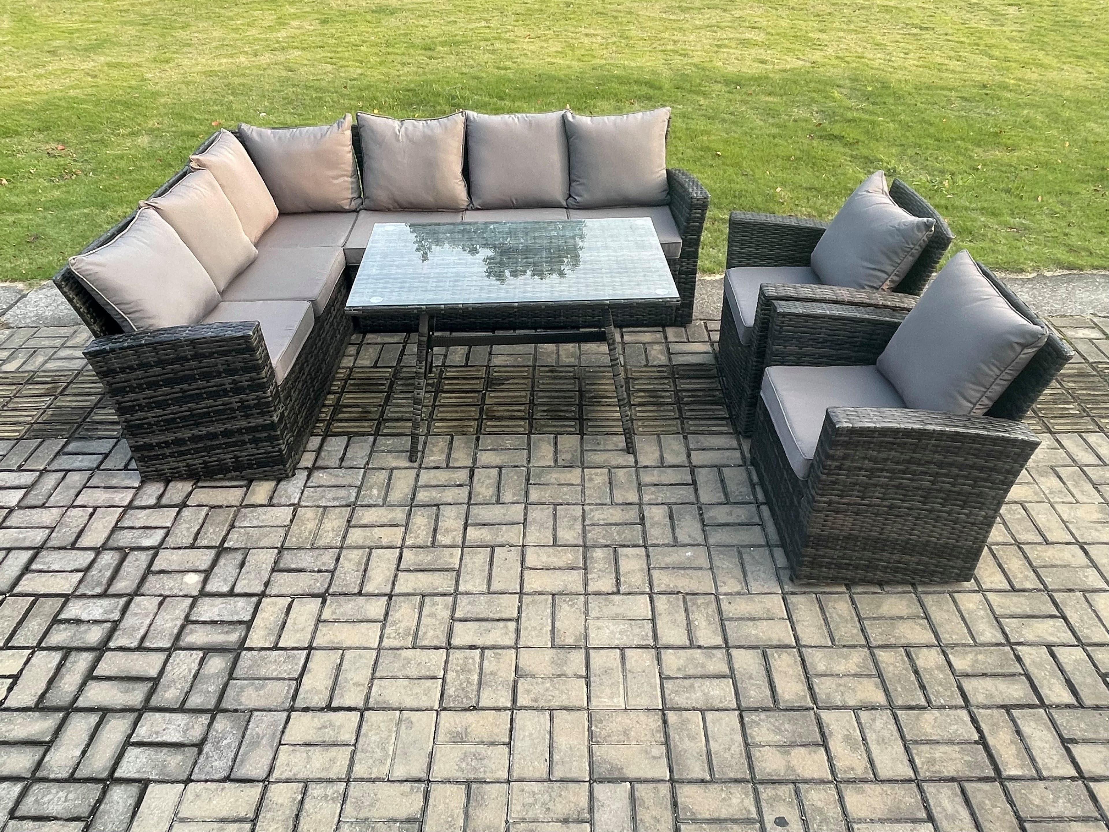 High Back Outdoor Garden Furniture Set Rattan Corner Sofa Dining Table Set 2 Armchairs 8 Seater