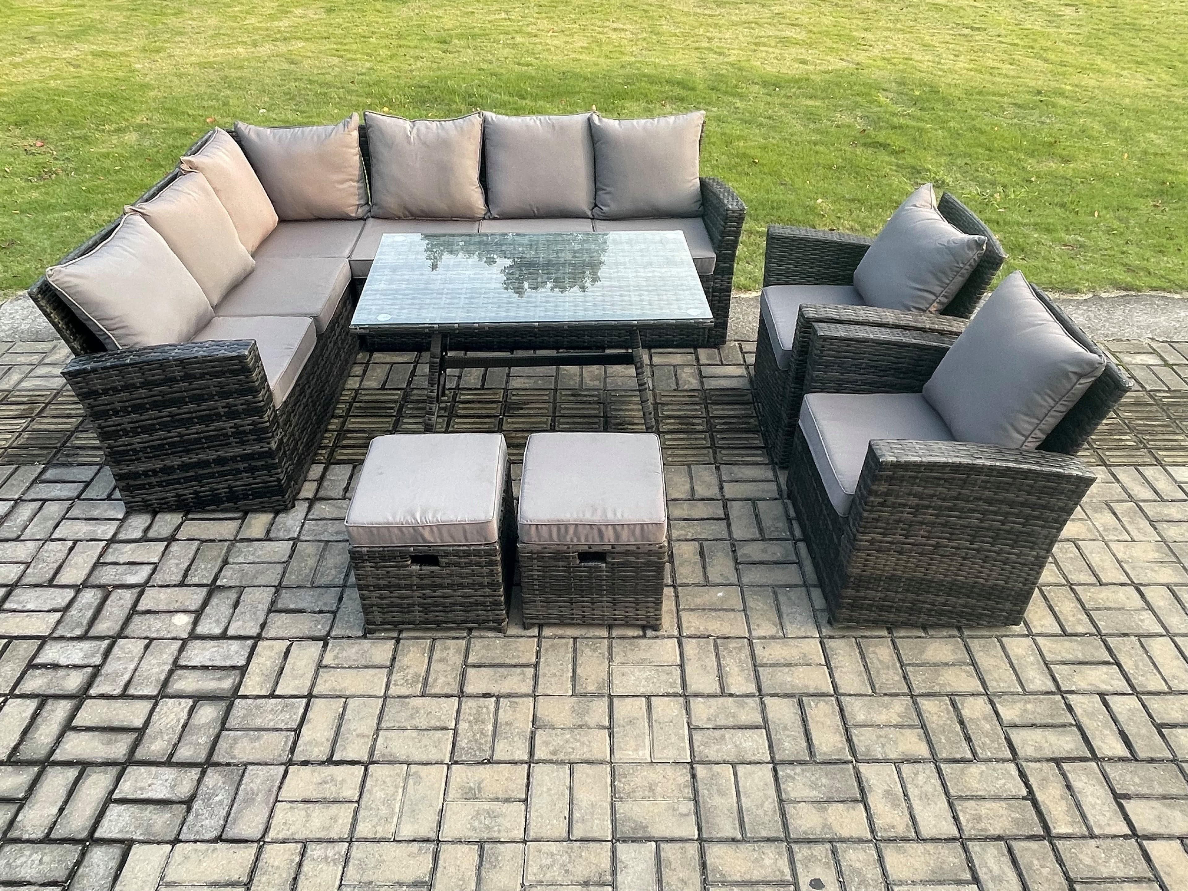 High Back Outdoor Garden Furniture Set Rattan Corner Sofa Dining Table Set Armchairs Left Corner