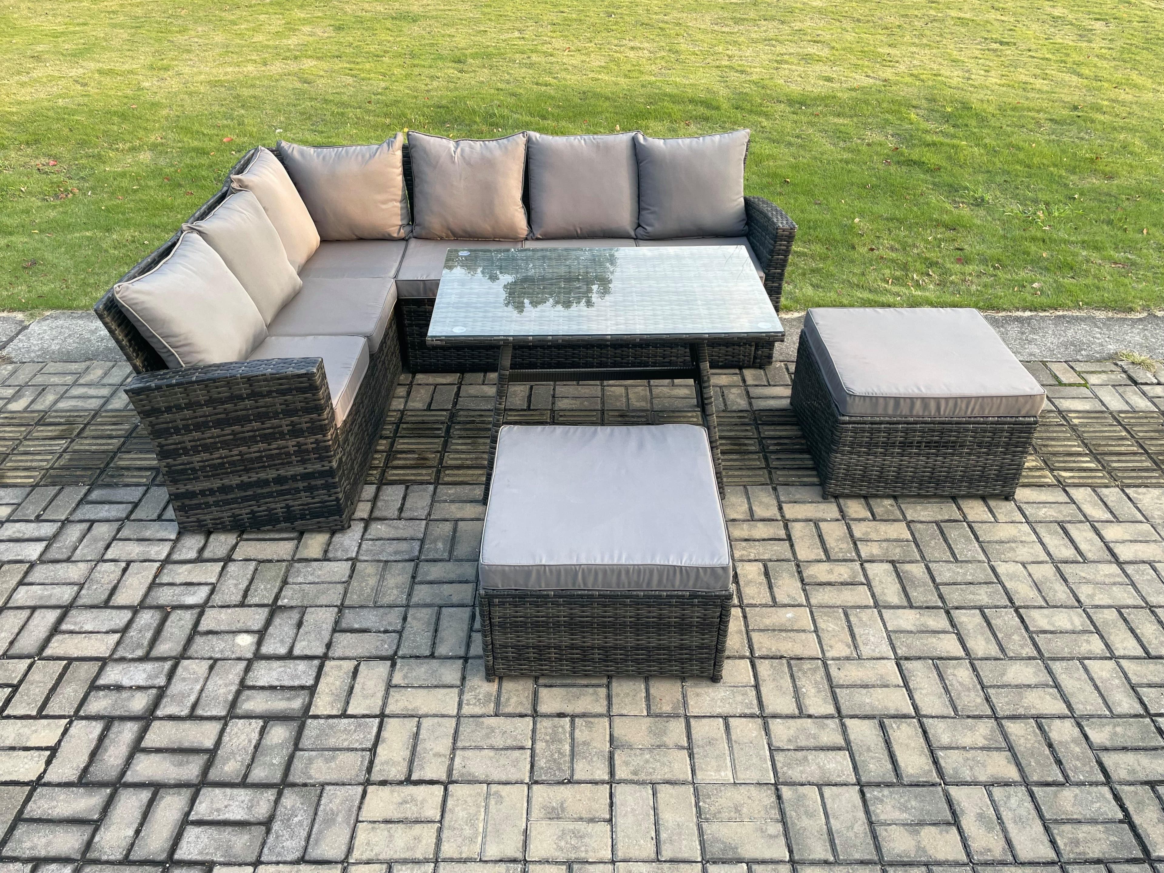 High Back Outdoor Garden Furniture Set Rattan Corner Sofa Dining Table Set 2 Big Footstools 8 Seater